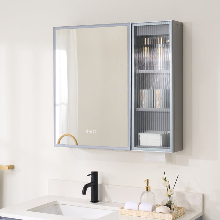 30 in. W x 28 in. H Rectangular Surface Mount LED Mirror Medicine Cabinet in Gray