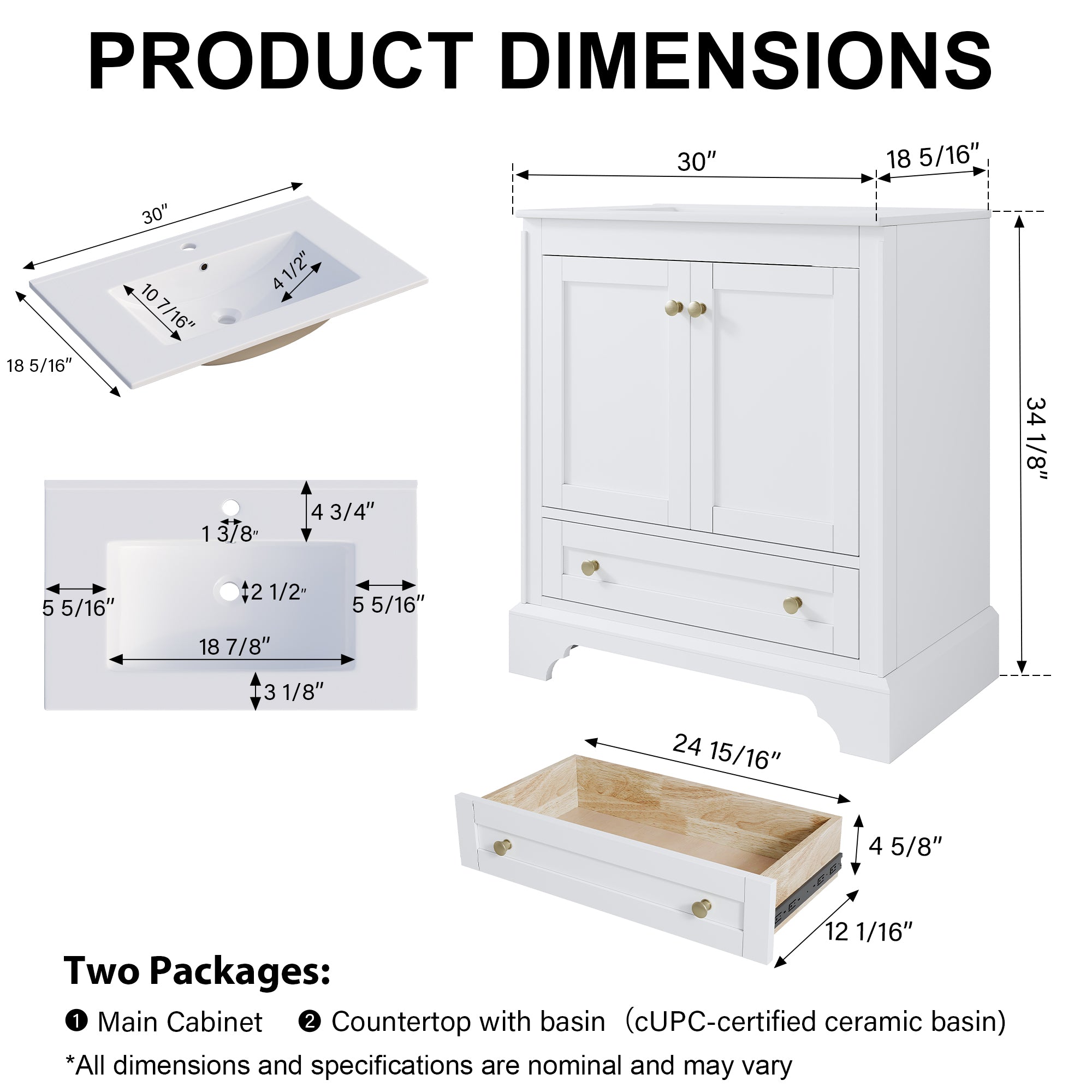 30 inch Bathroom Vanity with Sink Combo Set, Solid Wood Bathroom Storage Cabinet with Soft-Closing Doors, White