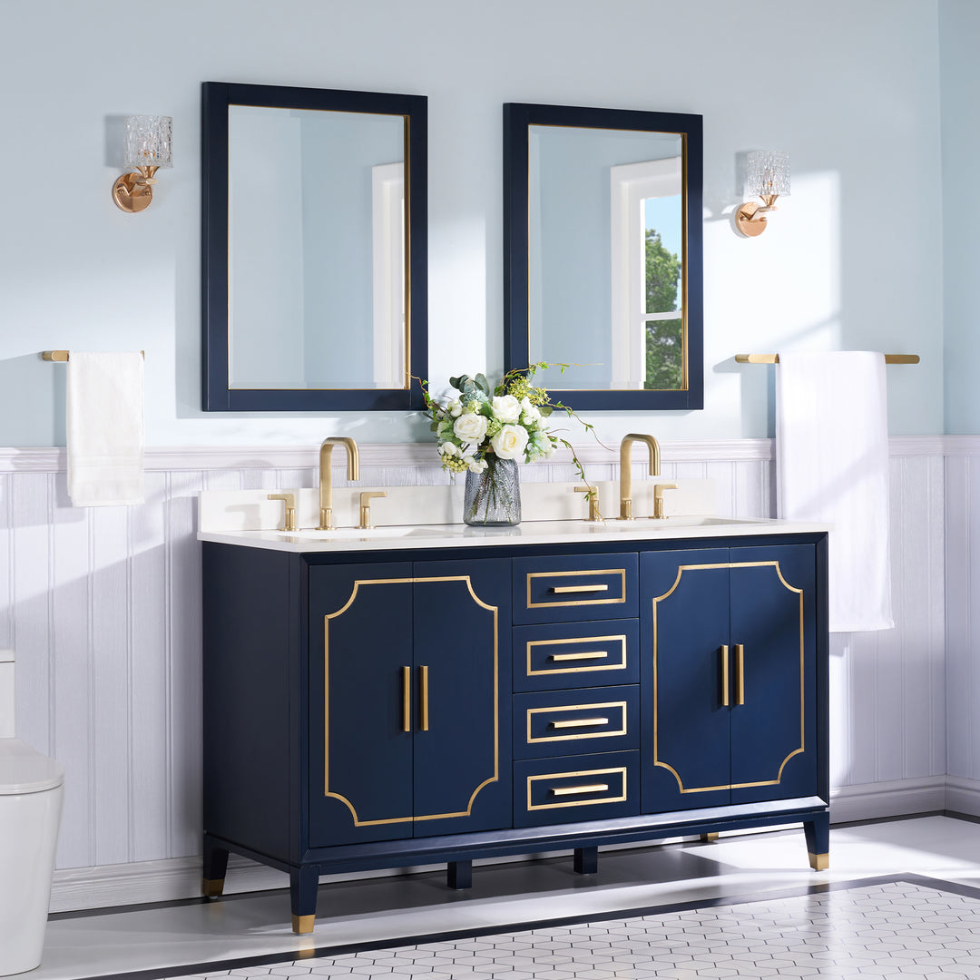 Melody 60 in. W x 22 in. D x 35 in. H Freestanding Bathroom Vanity in Navy Blue with Carrara White Quartz Vanity Top