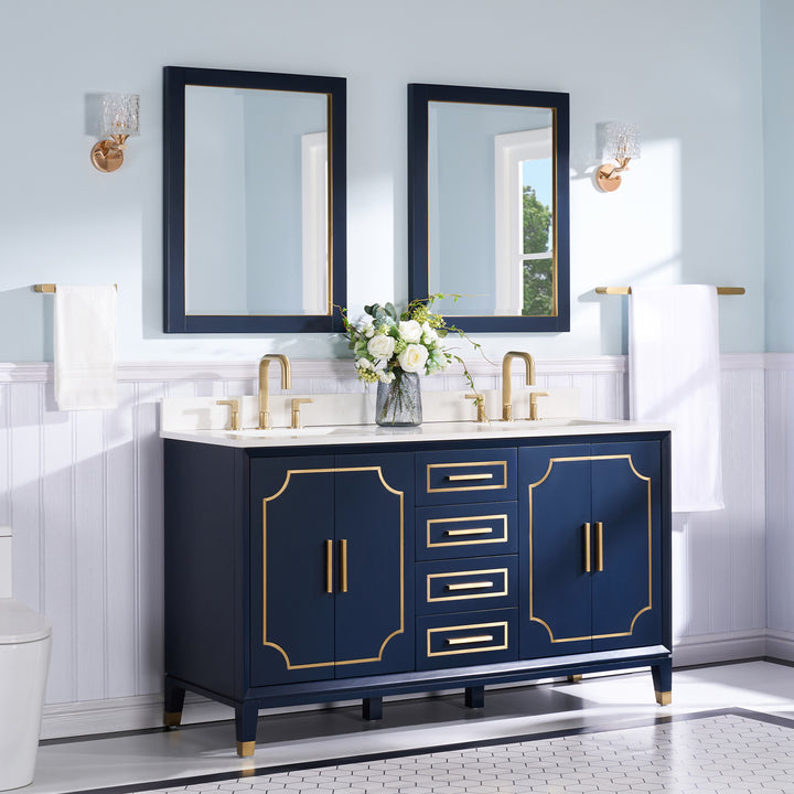 Melody 60 in. W x 22 in. D x 35 in. H Freestanding Bathroom Vanity in Navy Blue with Carrara White Quartz Vanity Top
