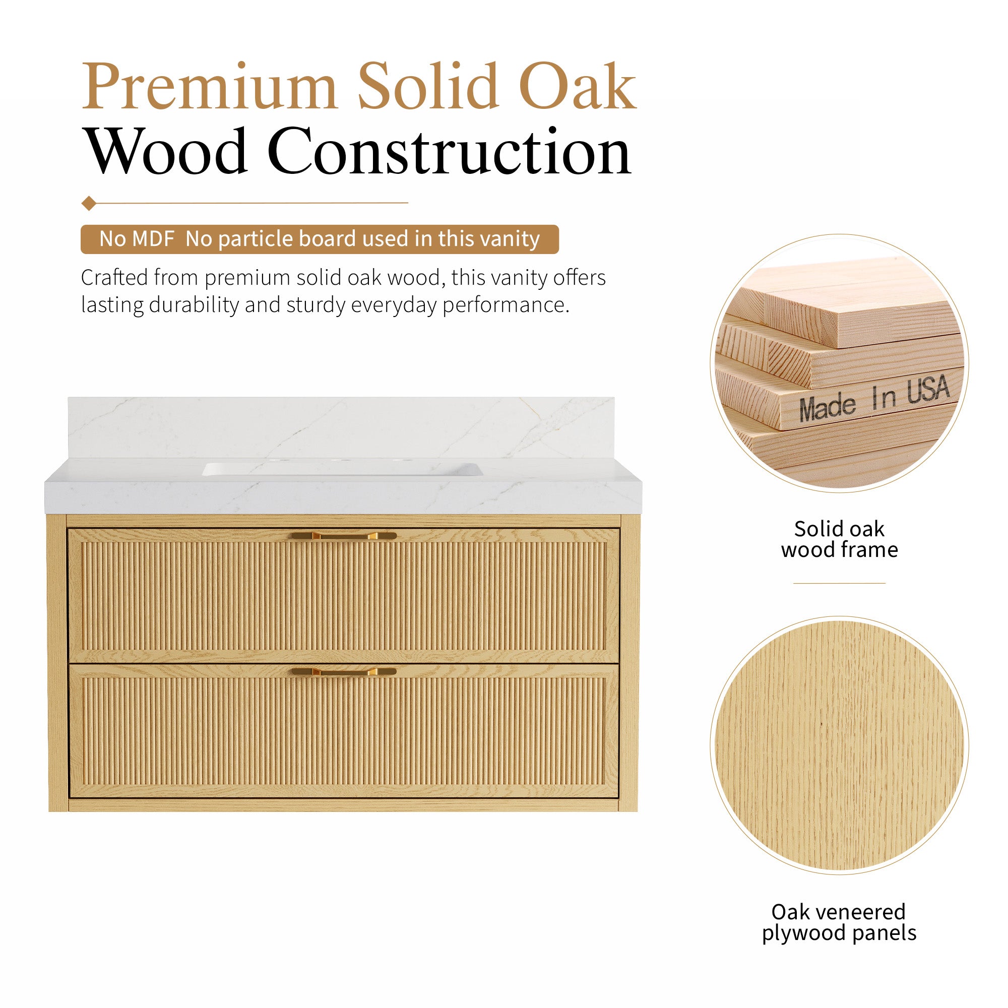 36-Inch Solid Oak Floating Bathroom Vanity with Calacatta Quartz Countertop, 2 Soft-Close Fluted Drawers