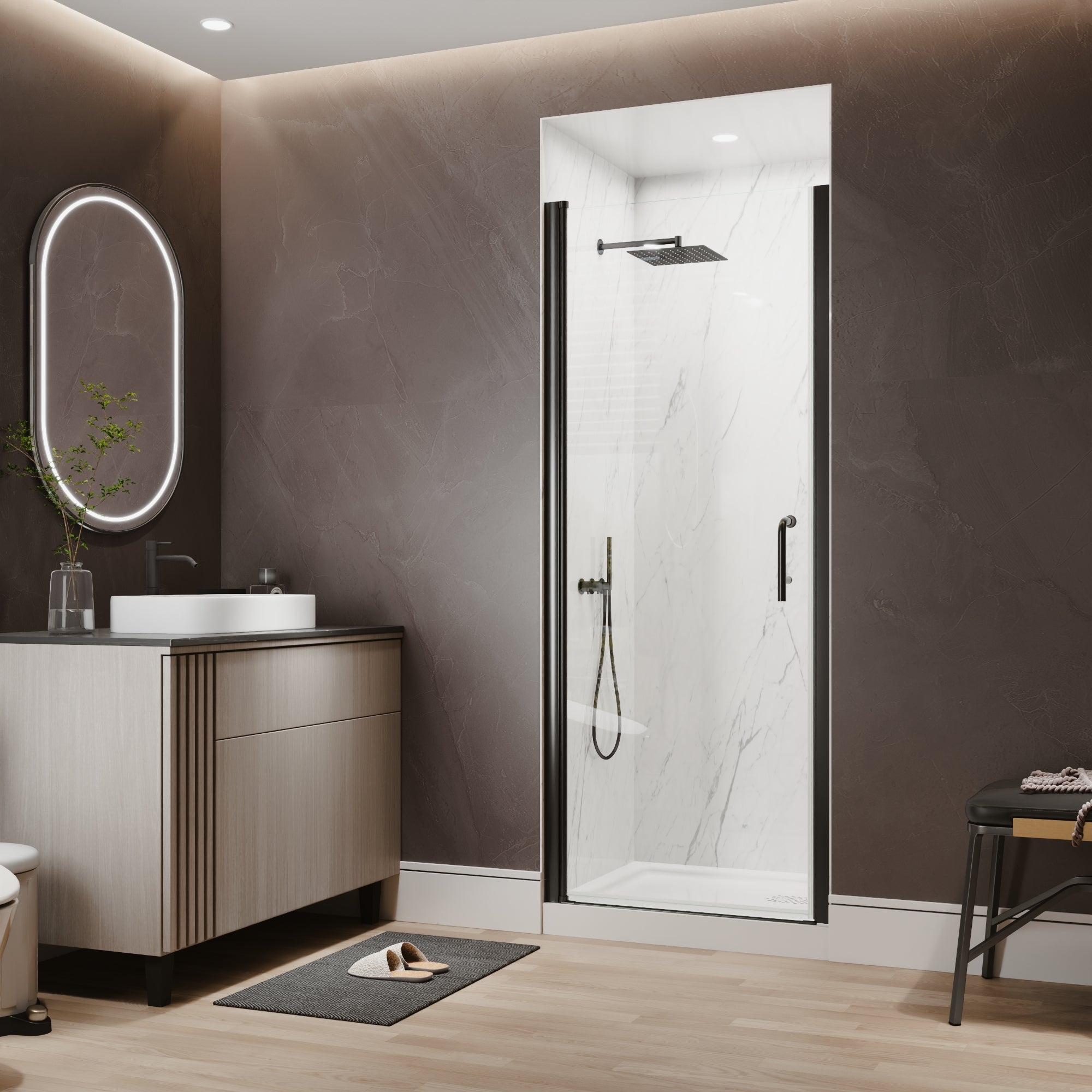 30-32 in. W x 72 in. H Semi-Frameless Pivot Shower Door with 1/4 in SGCC Tempered Glass, Reversible Installation, Matte Black