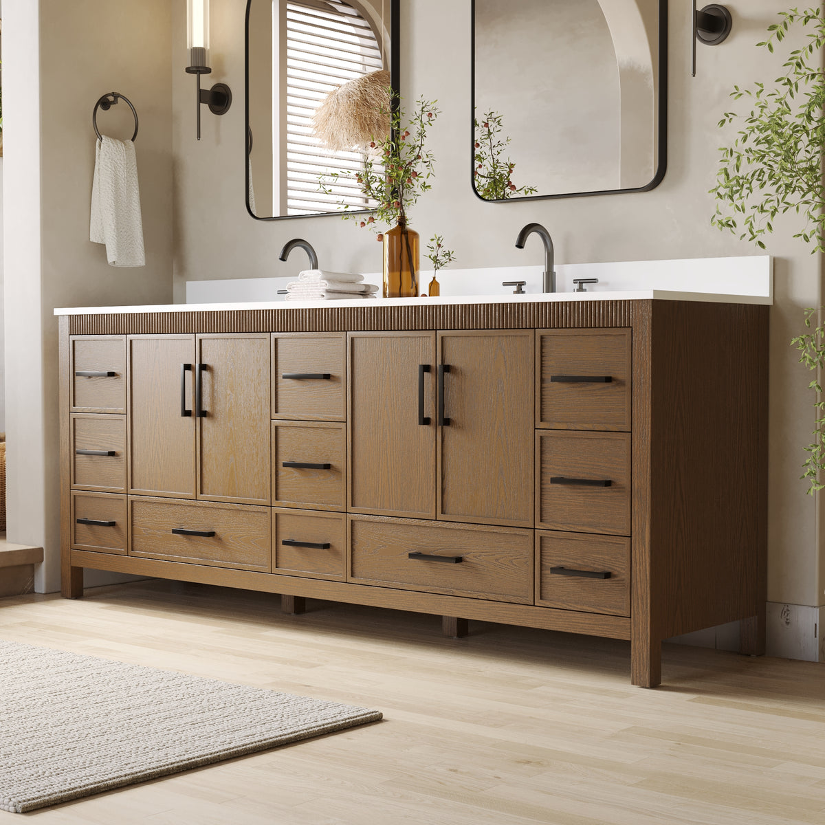 84 Inch Freestanding Solid Wood Bathroom Vanity with Pure White Quartz Countertop, 4 Soft-Close Doors & 11 Dovetail Drawers, Walnut