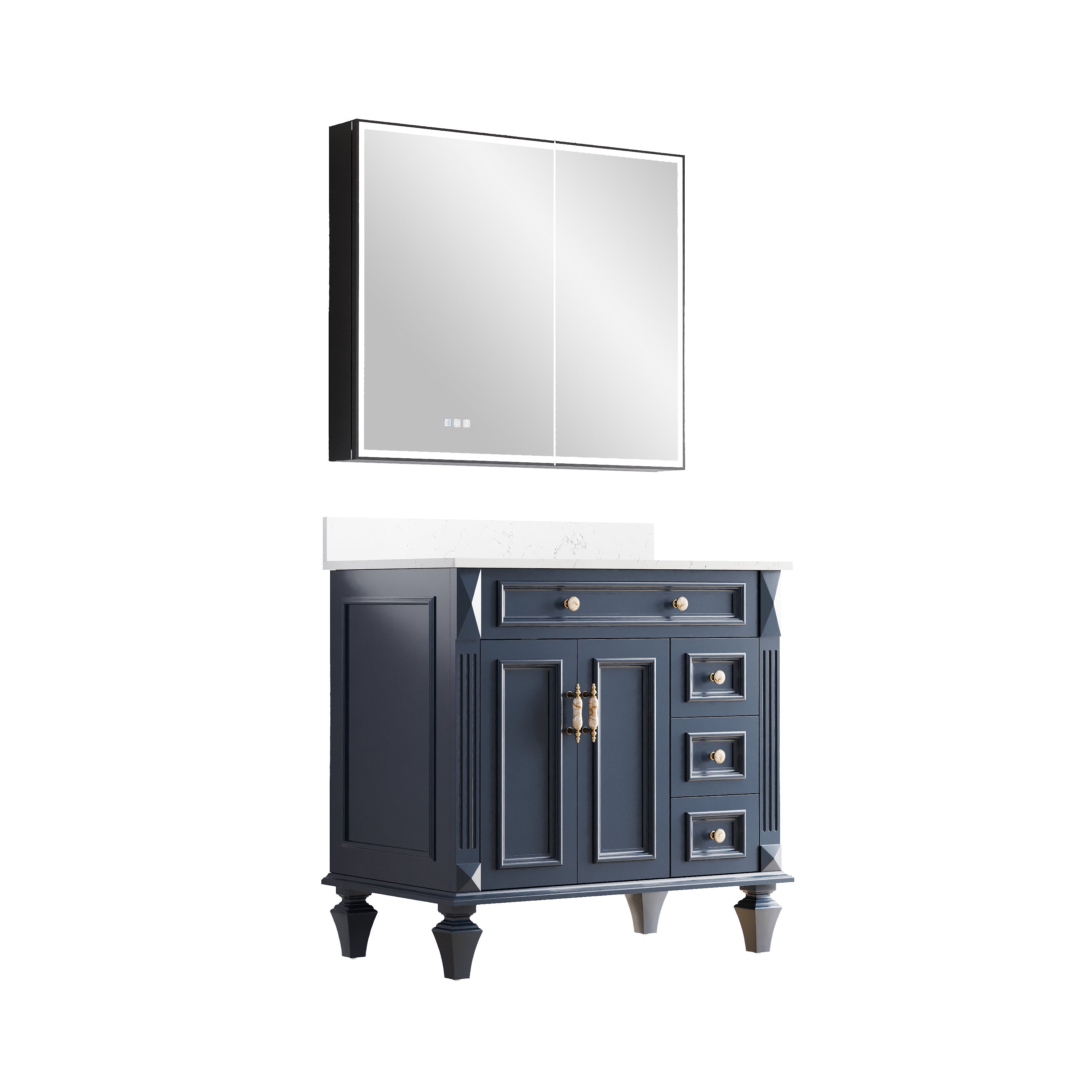 36" Navy Blue Solid Wood Bathroom Vanity & 36" LED Mirror Medicine Cabinet Combo