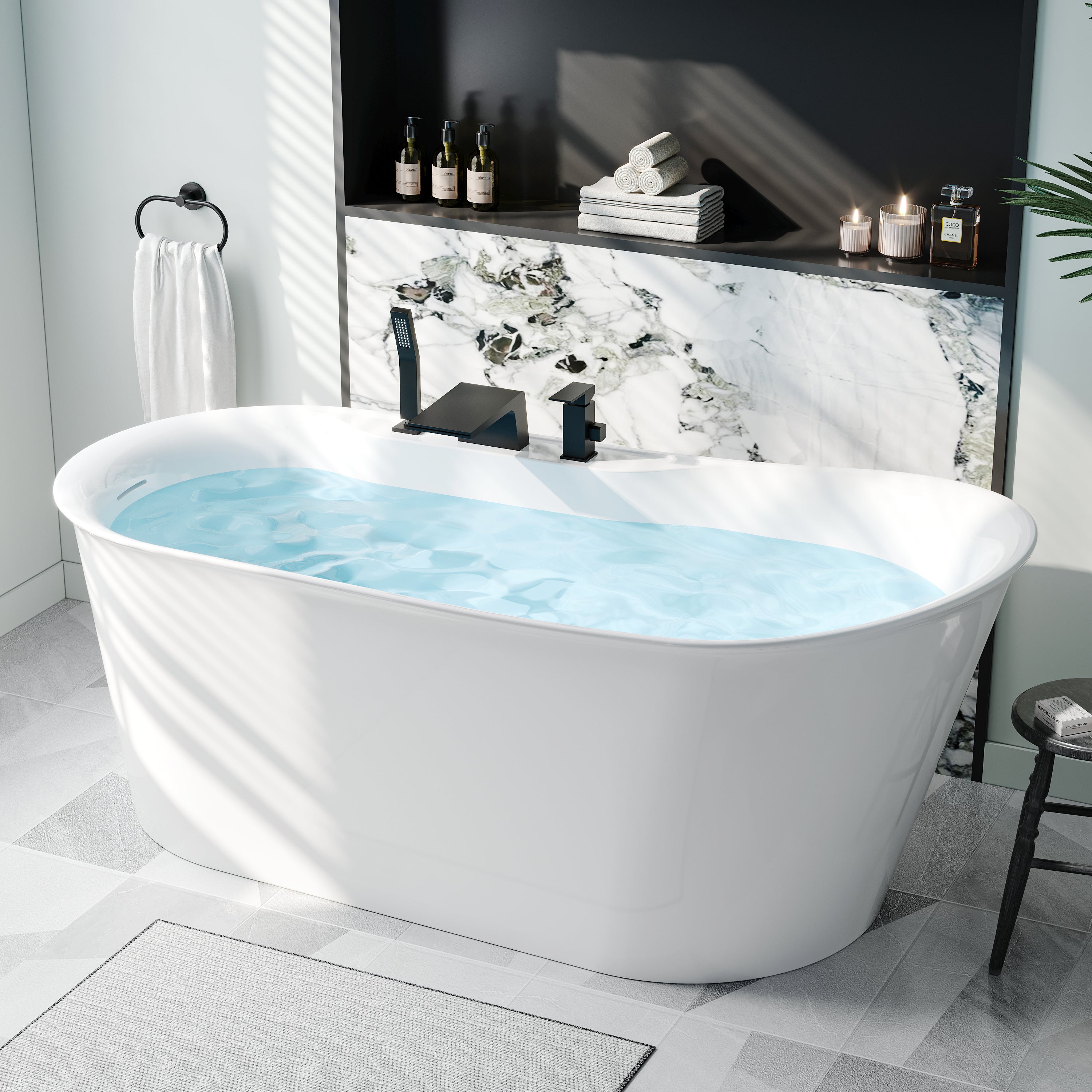 66" Freestanding Glossy White Acrylic Bathtub with Overflow and Drainage