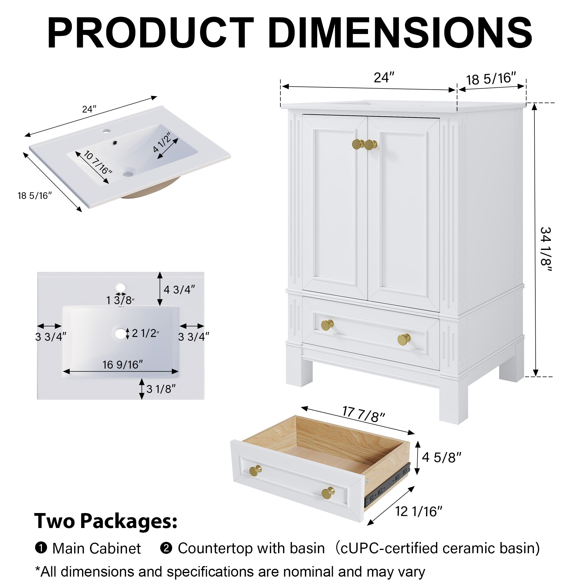 24 Inch Solid Wood Bathroom Vanity with cUPC Ceramic Basin, Soft-Close Doors and Brushed Gold Alloy Knobs