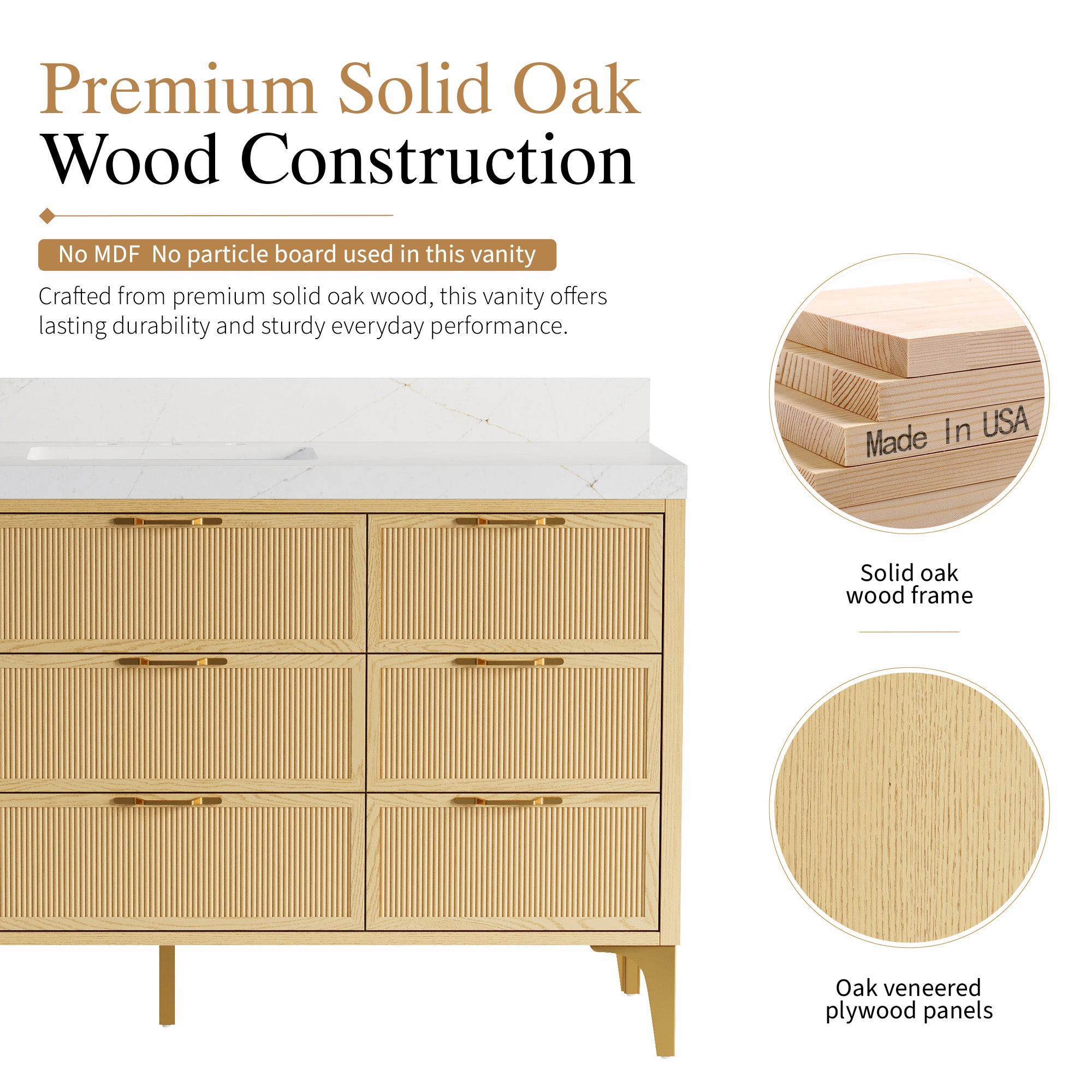 60 Inch Modern Solid Oak Bathroom Vanity with Calacatta Quartz Countertop, 9 Fluted Drawers & Brushed Gold Legs