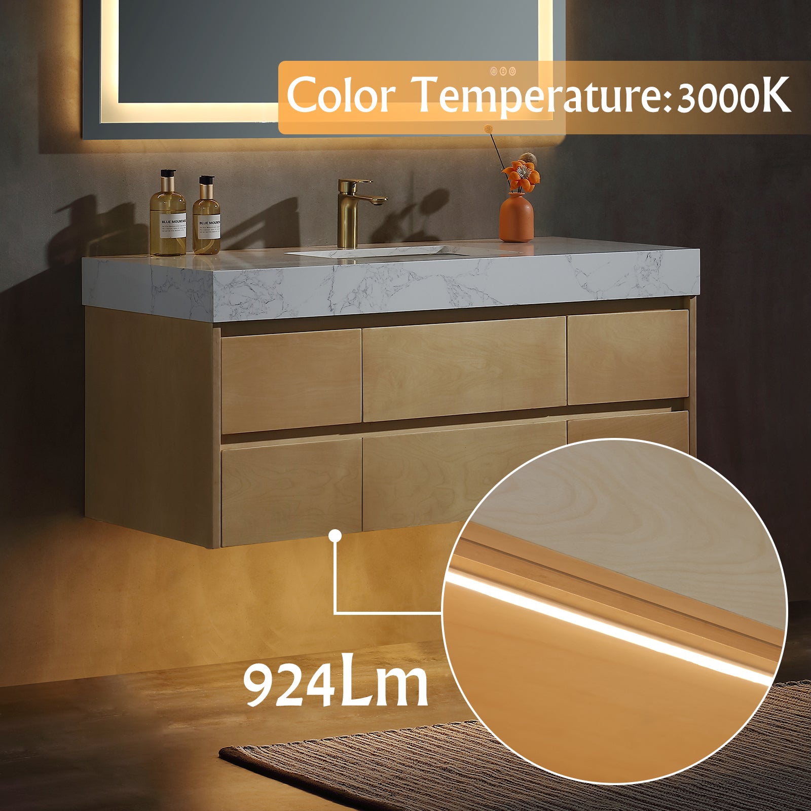 48" Modern Floating Maple Wood Bathroom Vanity Cabinet with LED Light and Stone Slab Countertop