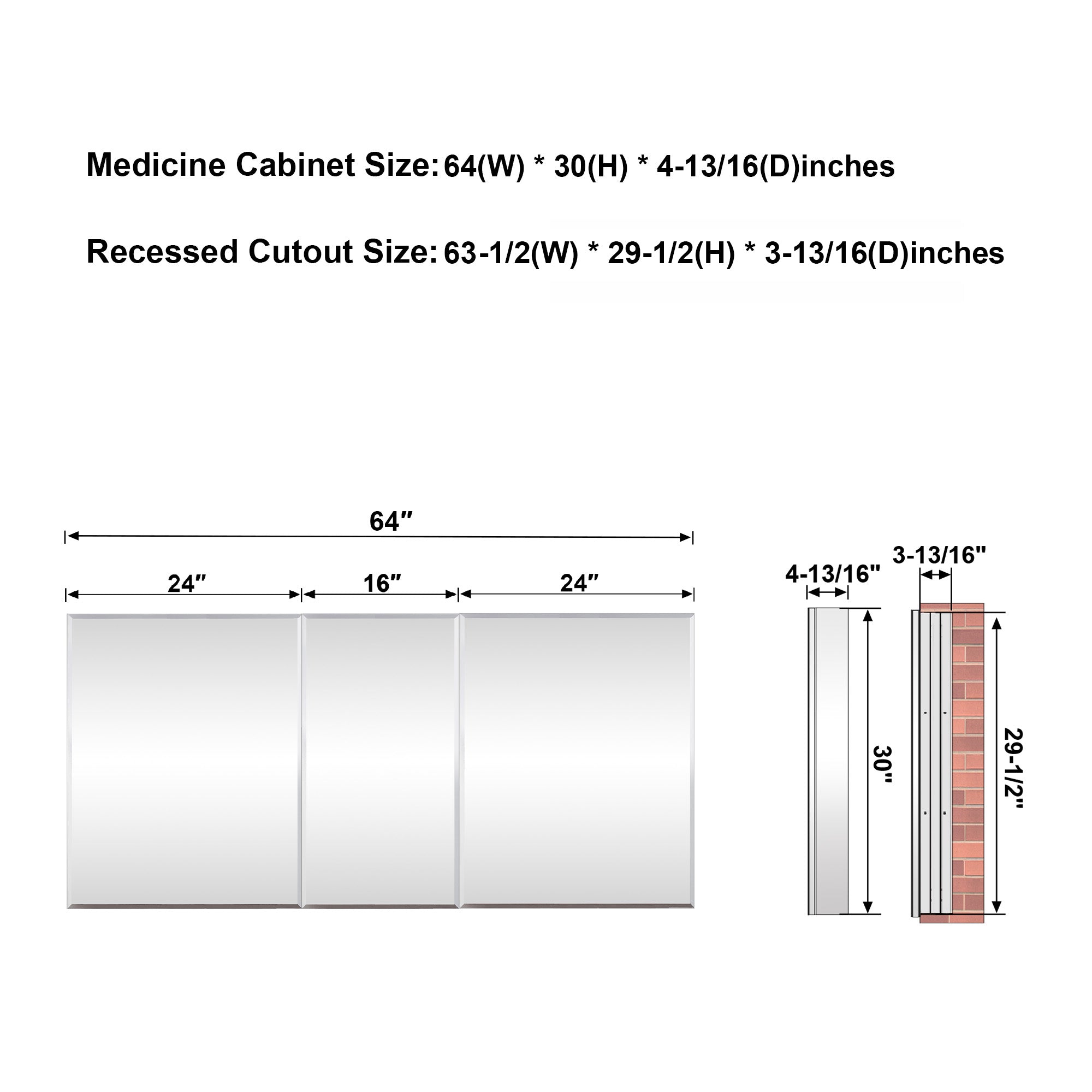 64 in.×30 in.H Copper-Free Mirror Medicine Cabinet with Beveled Mirror Door, Soft-Close Blum® Hinges, 9 Adjustable Shelves