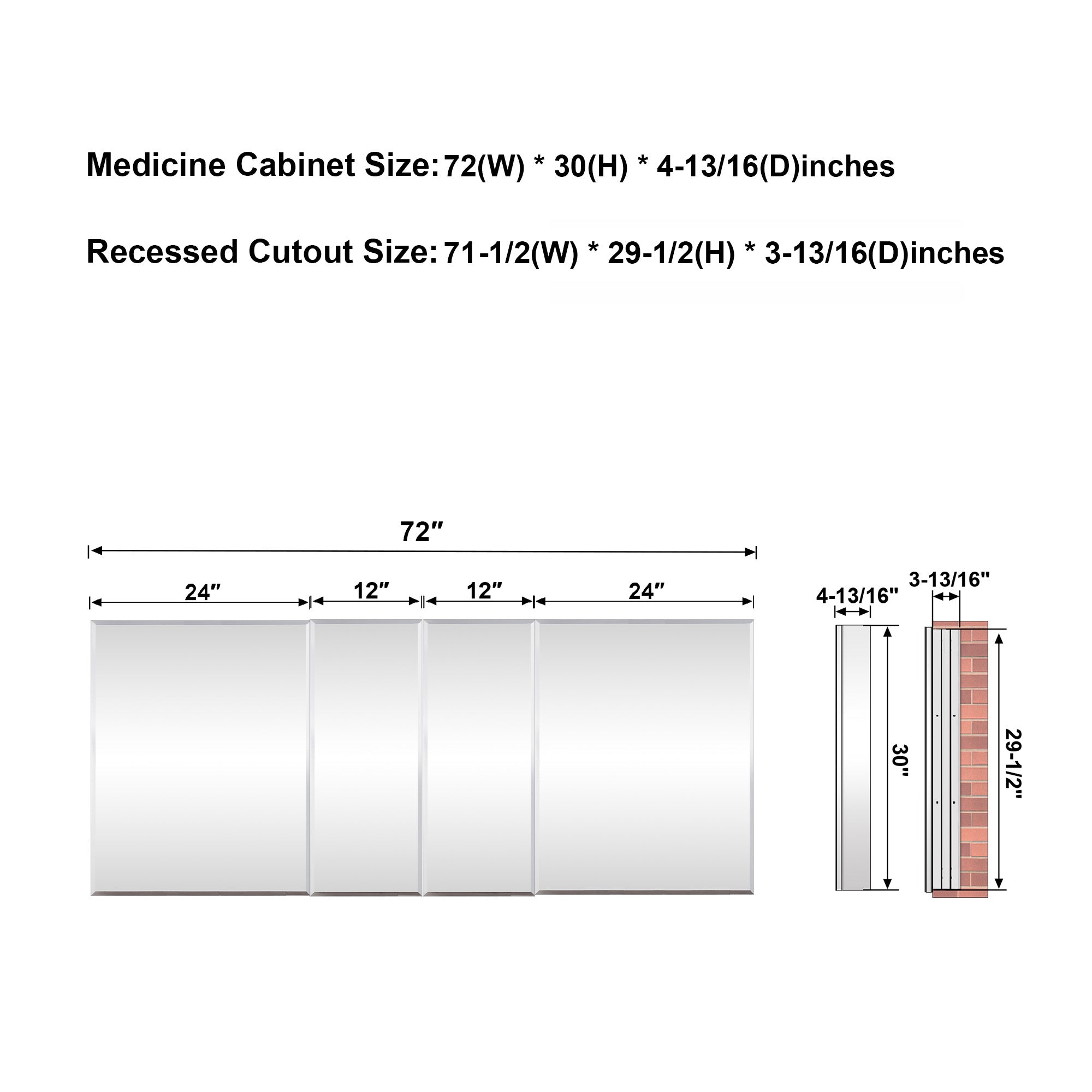 72 in.×30 in.H Aluminum Copper-Free Mirror Medicine Cabinet with Beveled Mirror Door, Recessed or Surface Mount, 12 Adjustable Shelves