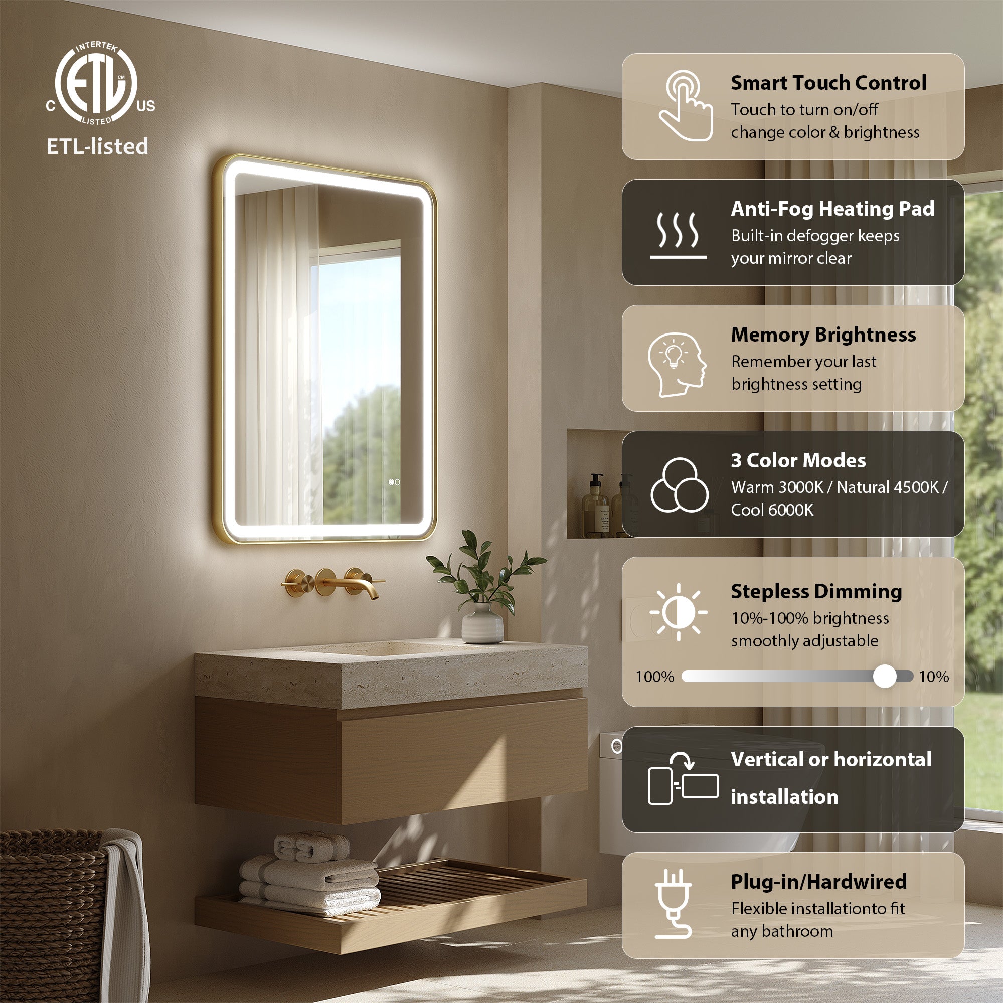 28 in. x 36 in. Framed LED Bathroom Mirror in Brushed Gold with Rounded Corners, Dimmable Lighted, Anti-Fog