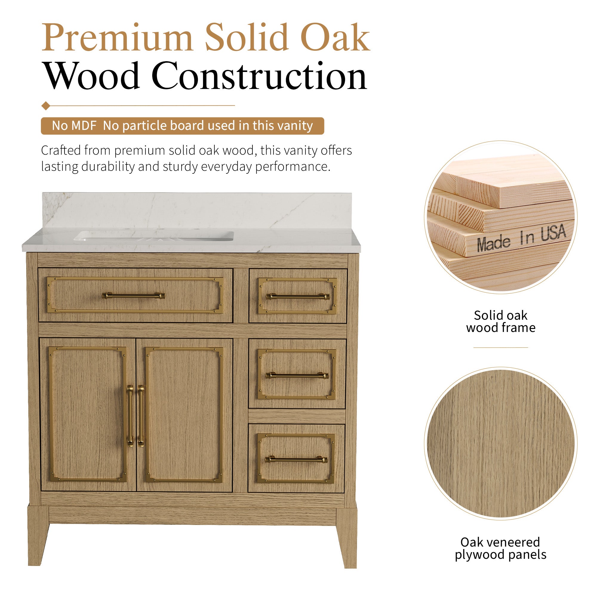 36 Inch Luxury Solid Oak Bathroom Vanity with Calacatta Quartz Countertop & Sink, 3 Soft-Close Drawers and 1 Flip Drawer