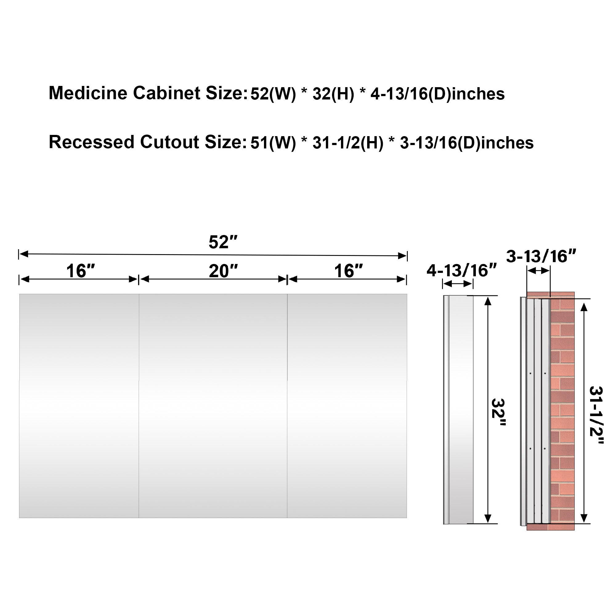 52 in.×32 in.H Copper-Free Mirror Medicine Cabinet with Soft-Close Blum® Hinges and Recessed/Surface Mount
