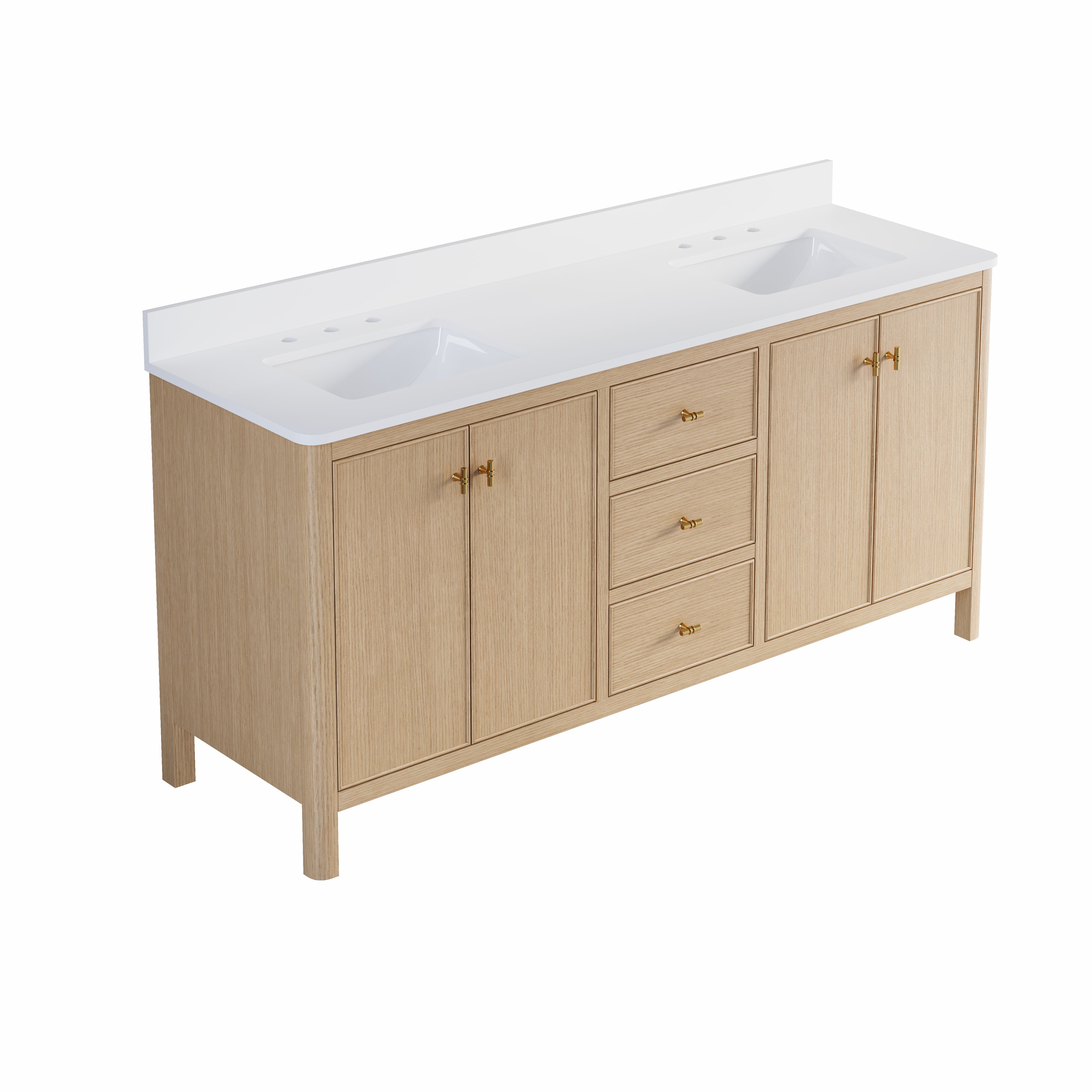 72 Inch Solid Wood Oak Bathroom Vanity with White Quartz Countertop & Sink – 3 Dovetail Soft-Close Drawers