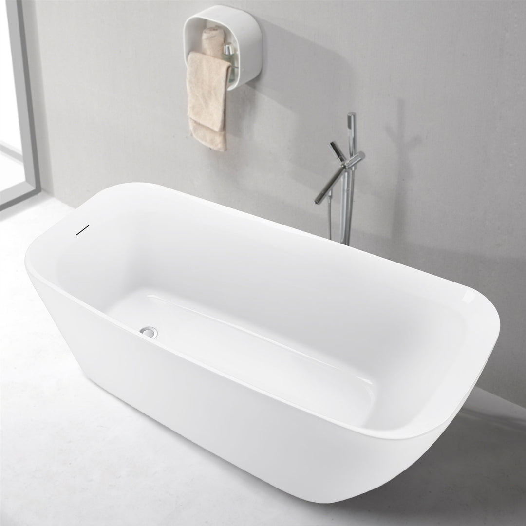 59"/63" White Acrylic Freestanding Contemporary Soaking Bathtub