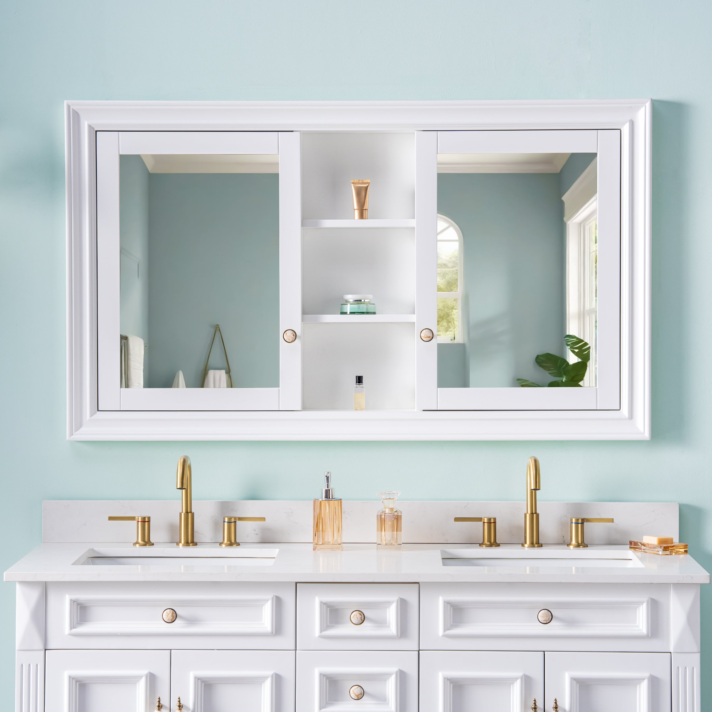 55 in.W x 32 in.H Recessed Bathroom Medicine Cabinet with Mirror in White