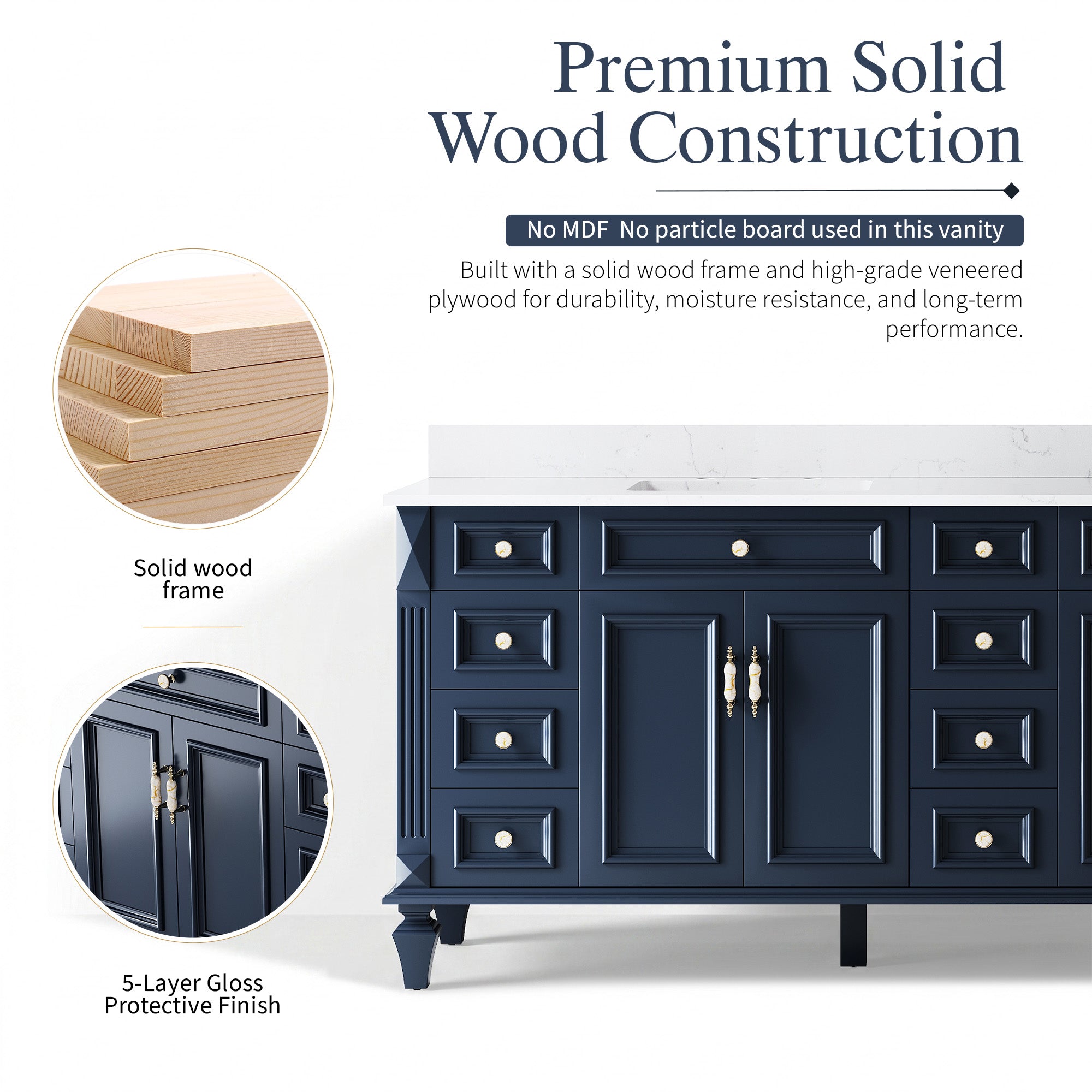 84 in. Freestanding Solid Wood Bathroom Vanity with Carrara White Quartz Countertop, Navy Blue