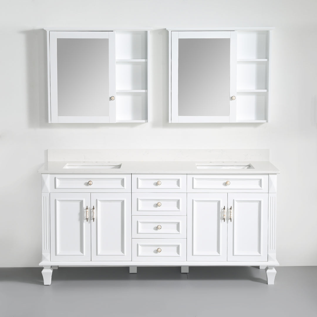 72" White Single Sink Freestanding Solid Wood Bathroom Vanity Storage Organizer with Carrara White Quartz Countertop