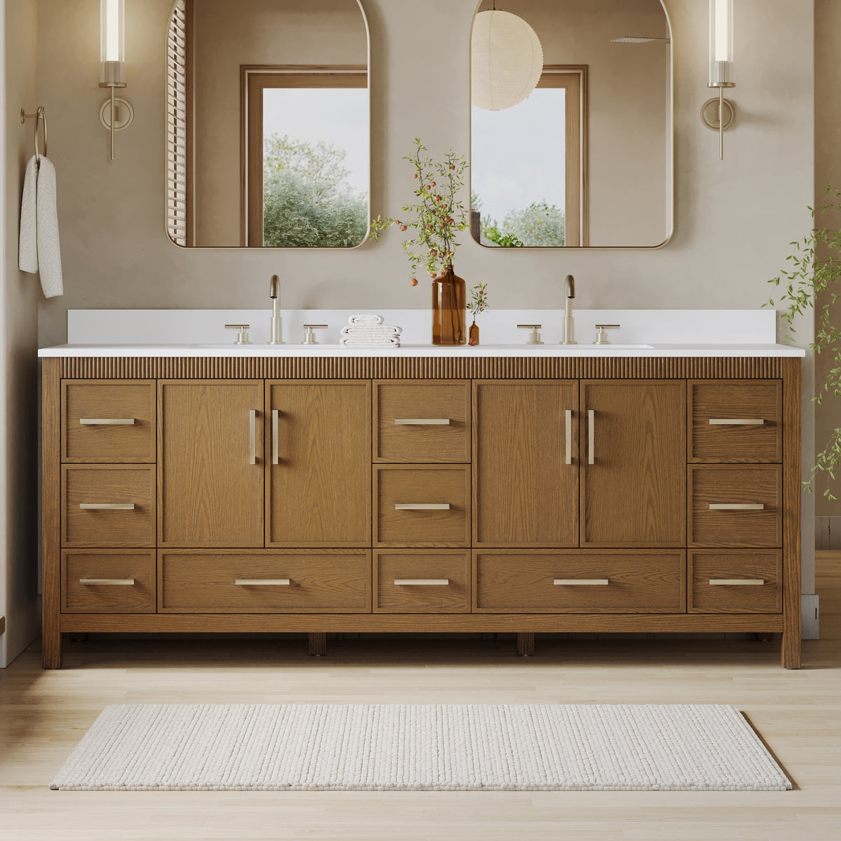 84 Inch Freestanding Solid Wood Bathroom Vanity with Pure White Quartz Countertop, 4 Soft-Close Doors & 11 Dovetail Drawers, Walnut