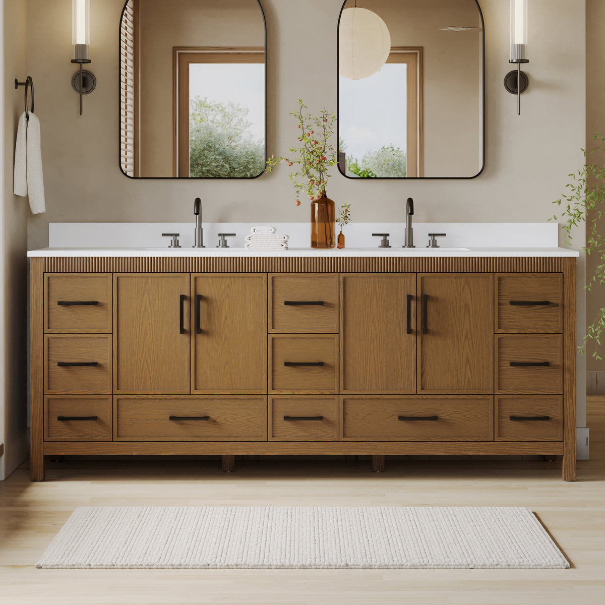 84 Inch Freestanding Solid Wood Bathroom Vanity with Pure White Quartz Countertop, 4 Soft-Close Doors & 11 Dovetail Drawers, Walnut
