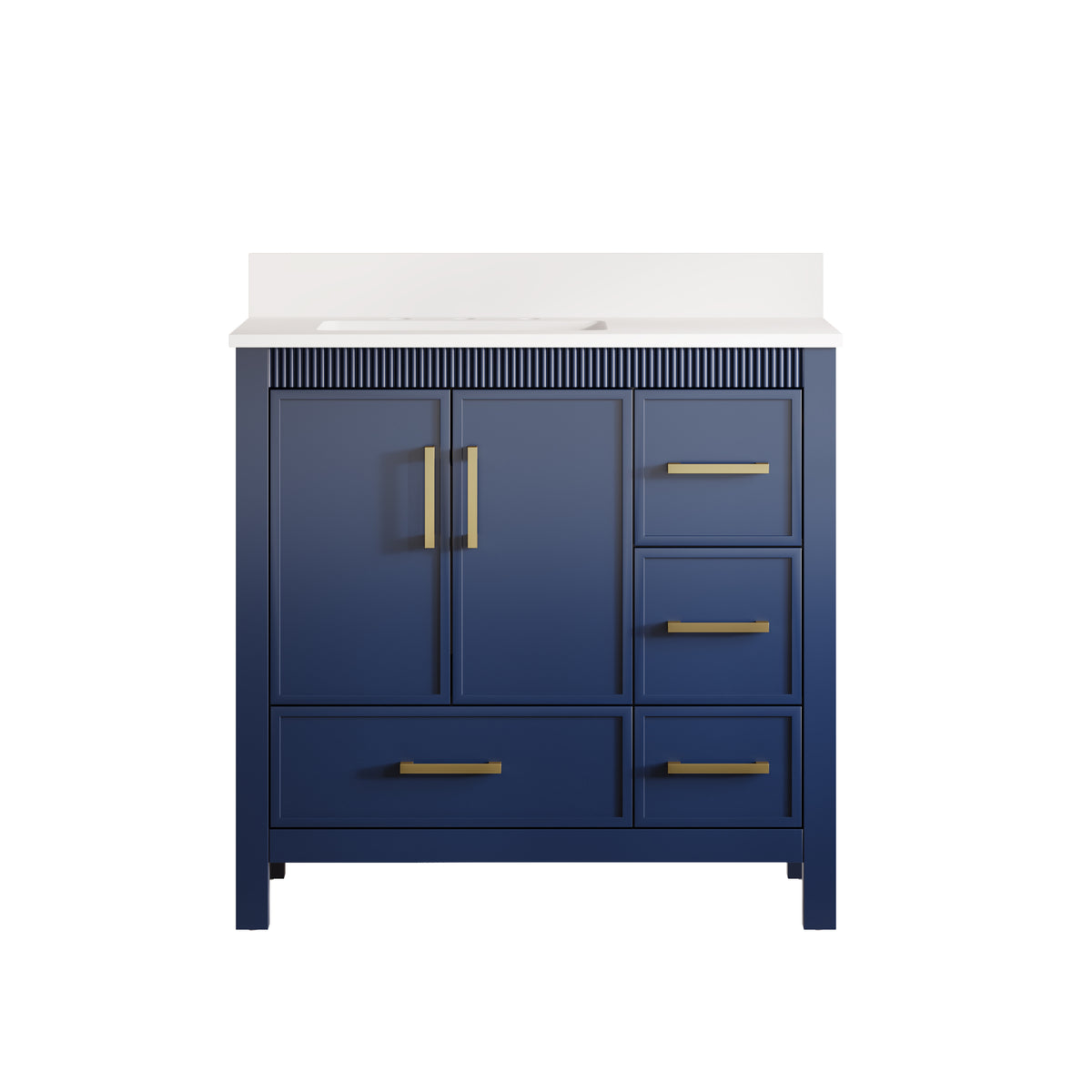 36 Inch Freestanding Solid Wood Bathroom Vanity with Fluted Molding, Pure White Quartz Countertop, Navy Blue