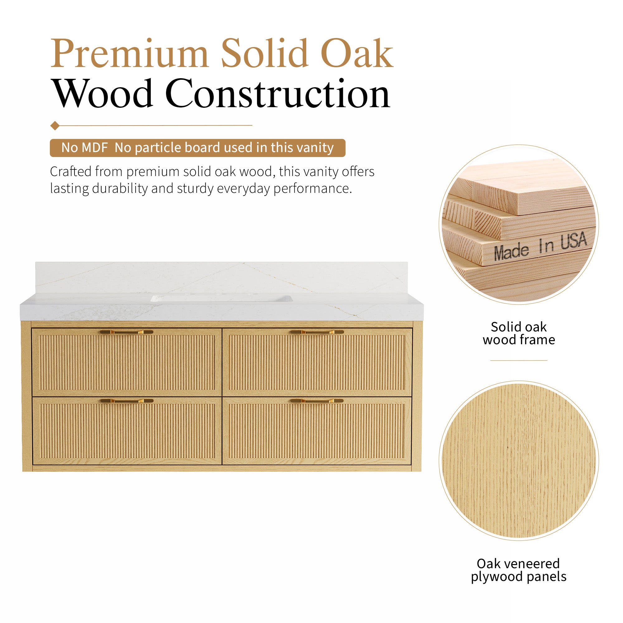 48-Inch Solid Oak Floating Bathroom Vanity with Calacatta Quartz Countertop, 4 Soft-Close Fluted Drawers