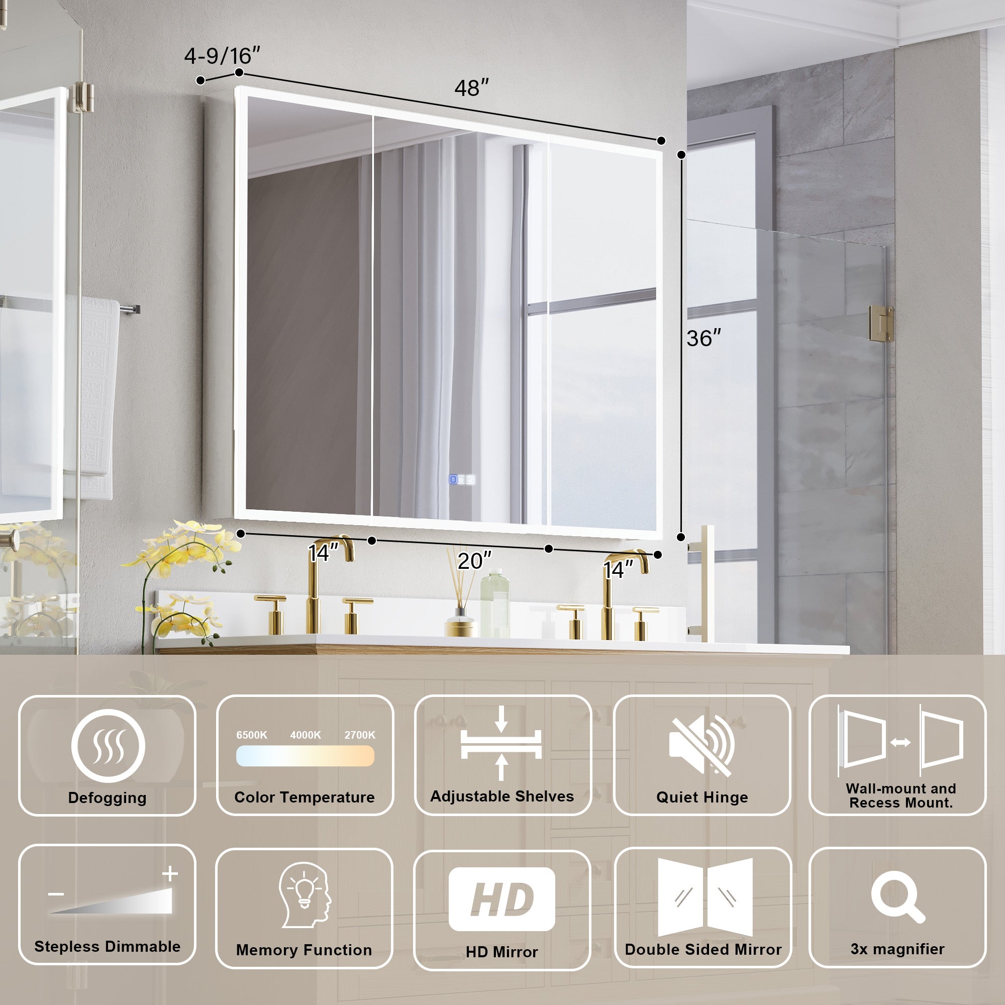 48 in. x 36 in. Recessed/Surface Mount LED Medicine Cabinet with 3X Magnifier Glass Mirror, Anti-Fog