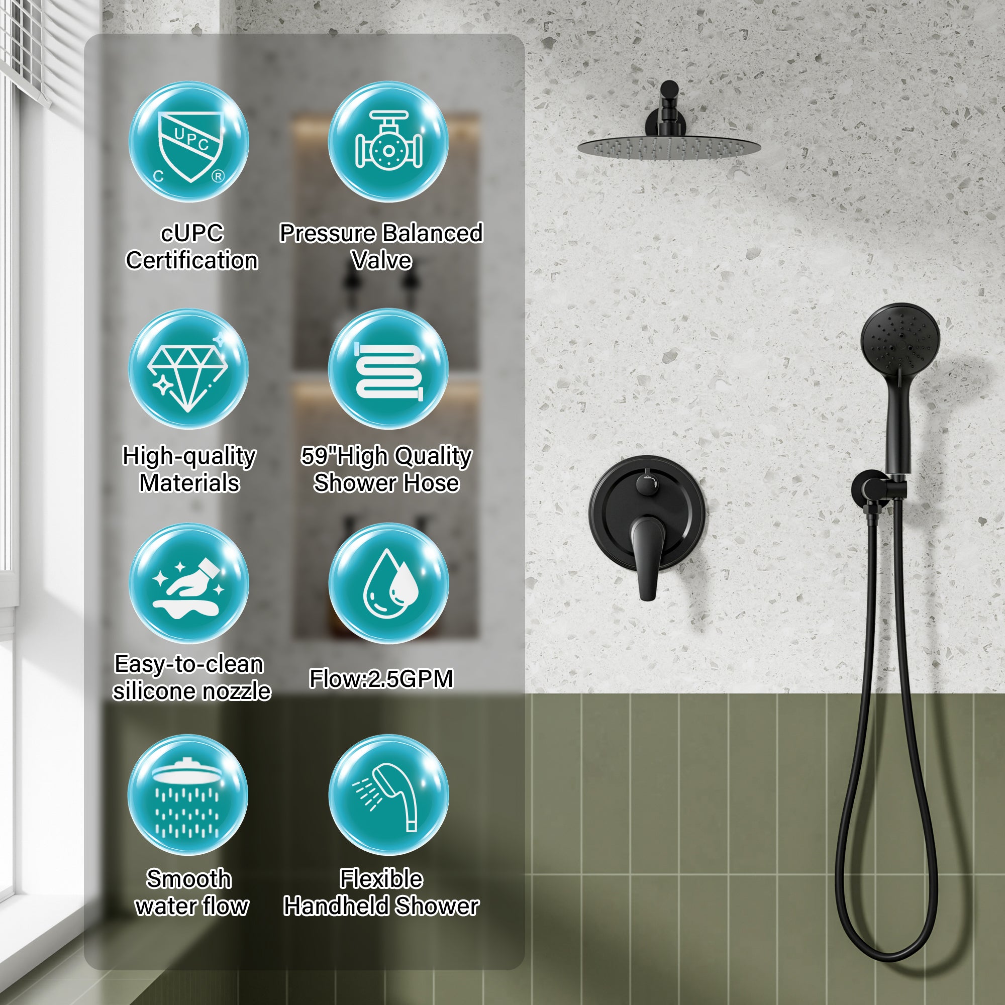 9inch/ 10inch/ 12inch 2-Spray Patterns with 1.8 GPM Wall Mount Dual Shower Heads with Hand Shower