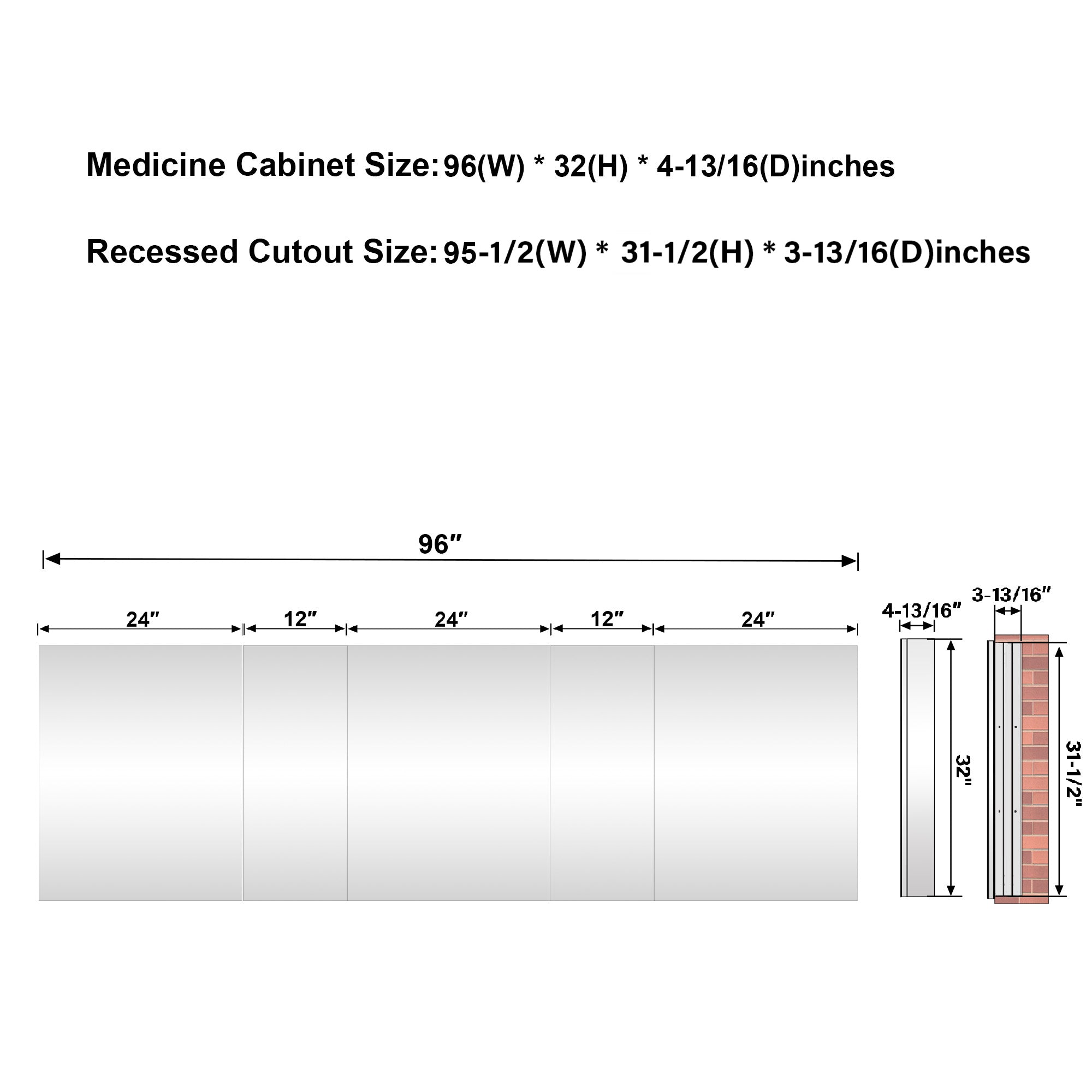 96 in.×32 in.H Copper-Free Mirror Medicine Cabinet with Soft-Close Blum® Hinges and 5 Doors