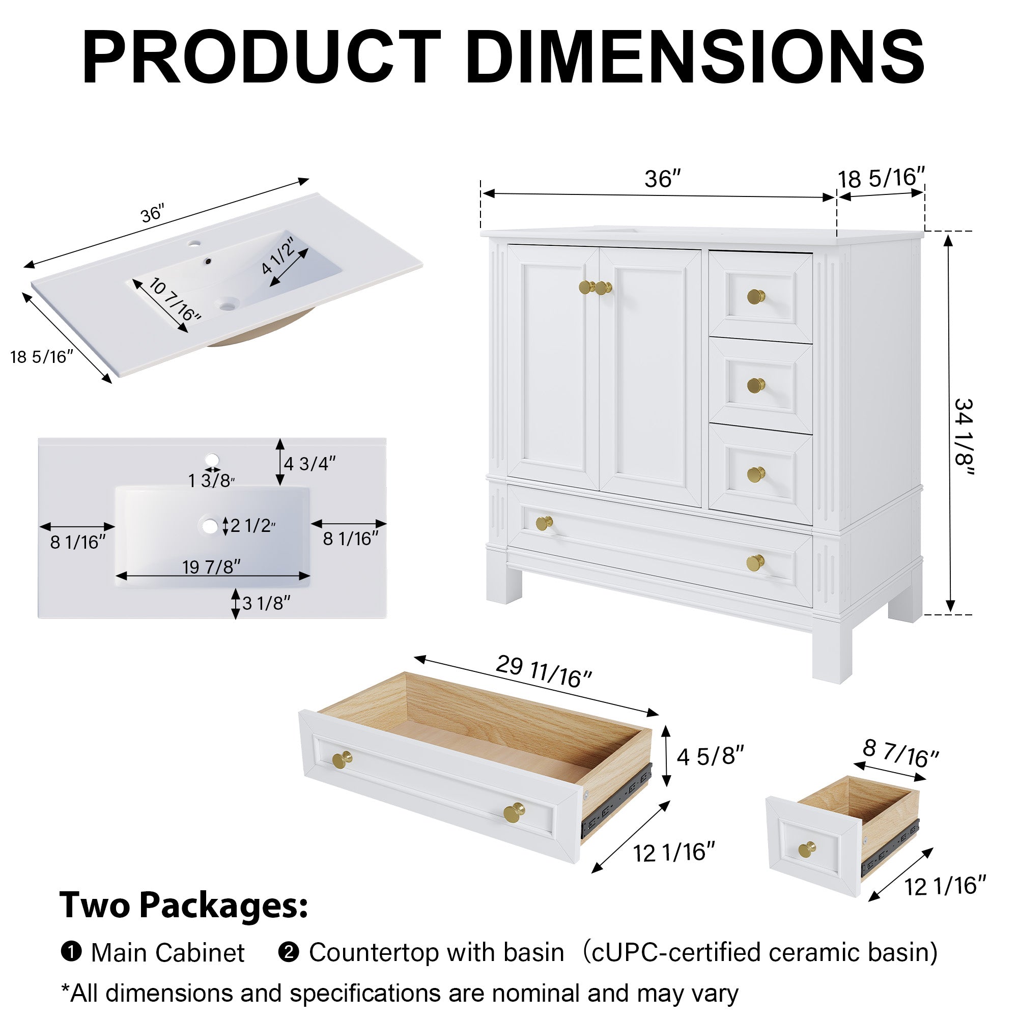 36 Inch Solid Wood Bathroom Vanity with cUPC Ceramic Basin, Soft-Close Doors and Brushed Gold Alloy Knobs