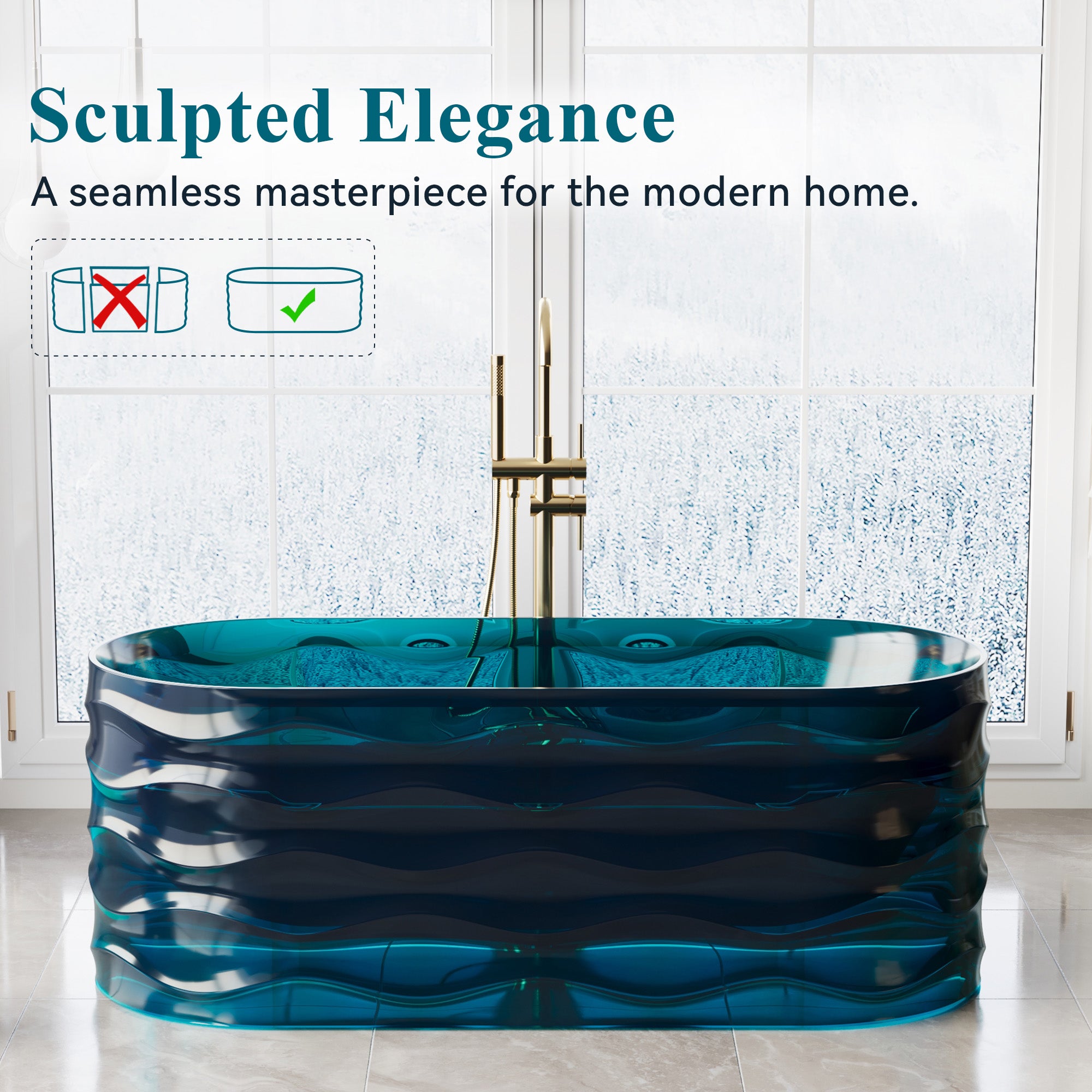 62" Pure Resin Transparent Freestanding Bathtub with Drain, Transparent Sea Blue