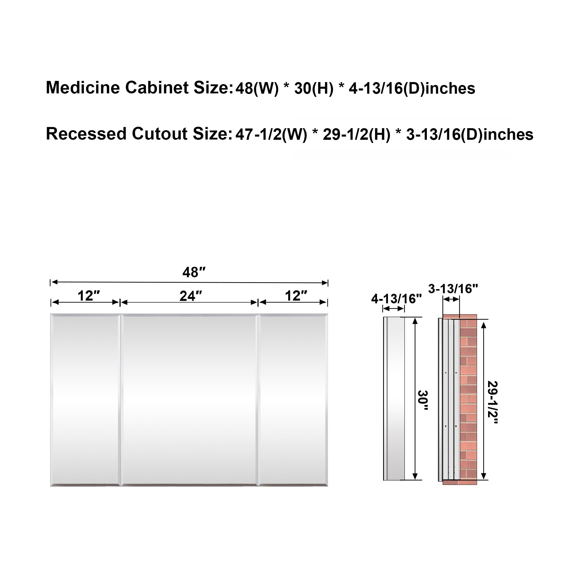 48 in.×30 in.H Aluminum Copper-Free Mirror Medicine Cabinet with Beveled Mirror Door, Recessed or Surface Mount, Adjustable Shelves