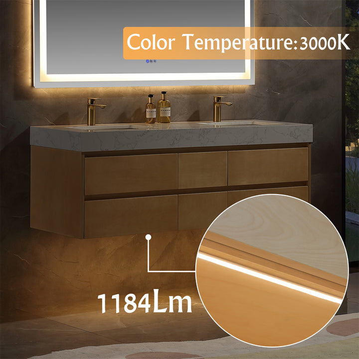 60" Modern Floating Maple Wood Bathroom Vanity Cabinet with LED Light and Double Basin