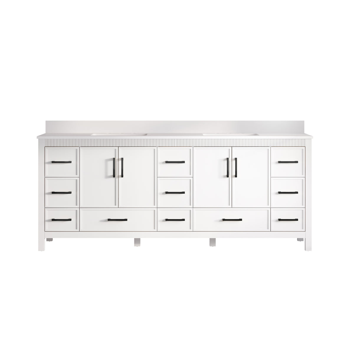84 Inch Freestanding Solid Wood Bathroom Vanity with Pure White Quartz Countertop, 4 Soft-Close Doors & 11 Dovetail Drawers, White