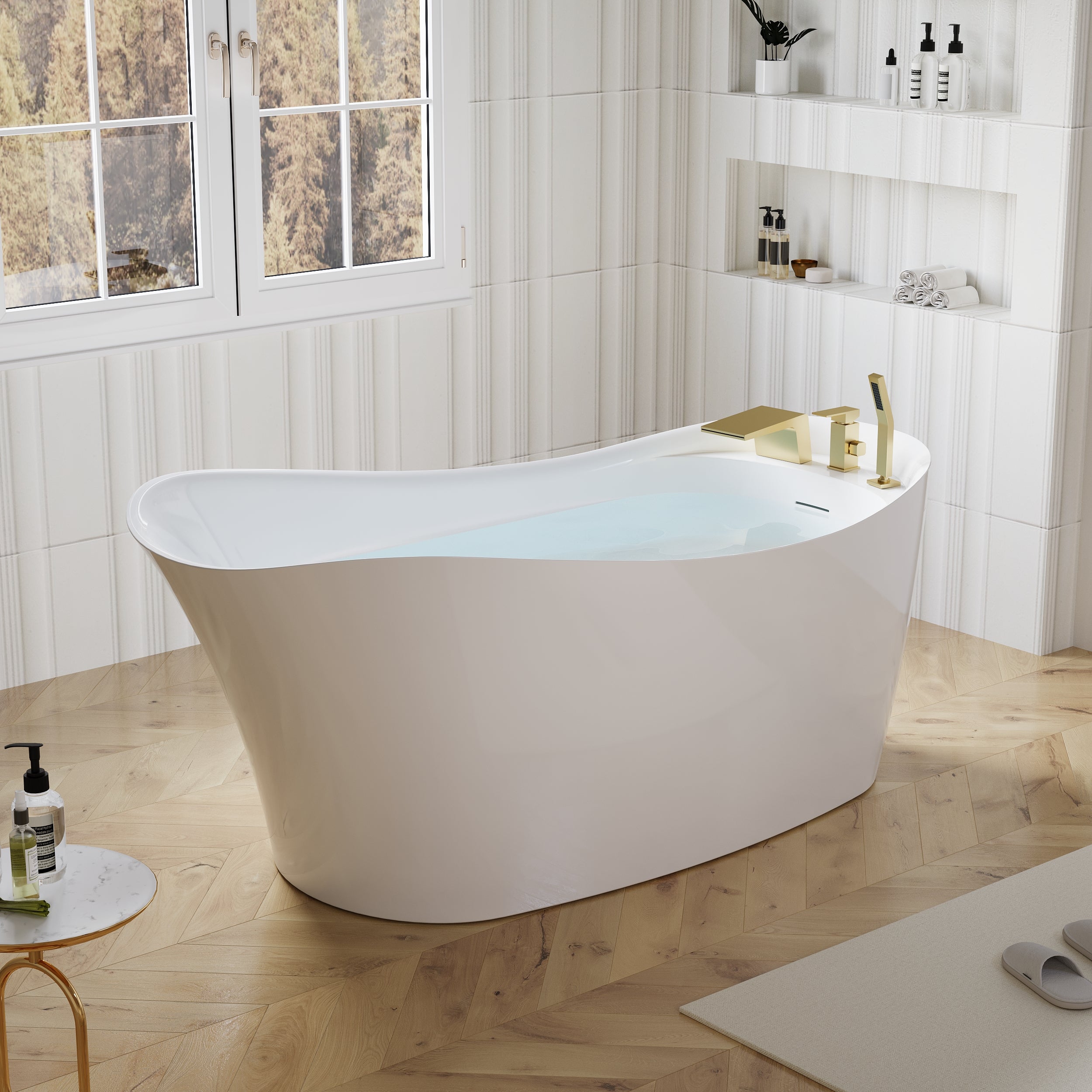 69" Freestanding Glossy White Acrylic Bathtub with Slotted Overflow and Drainer