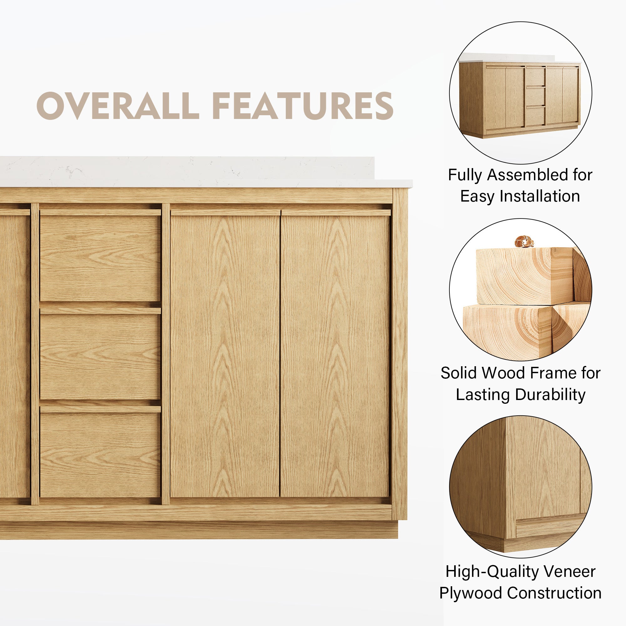 60 Inch Oak Soild Wood Bathroom Vanity with Double Undermount Sinks, 3 Dovetail-constructed Drawers and 4 Soft-close Doors