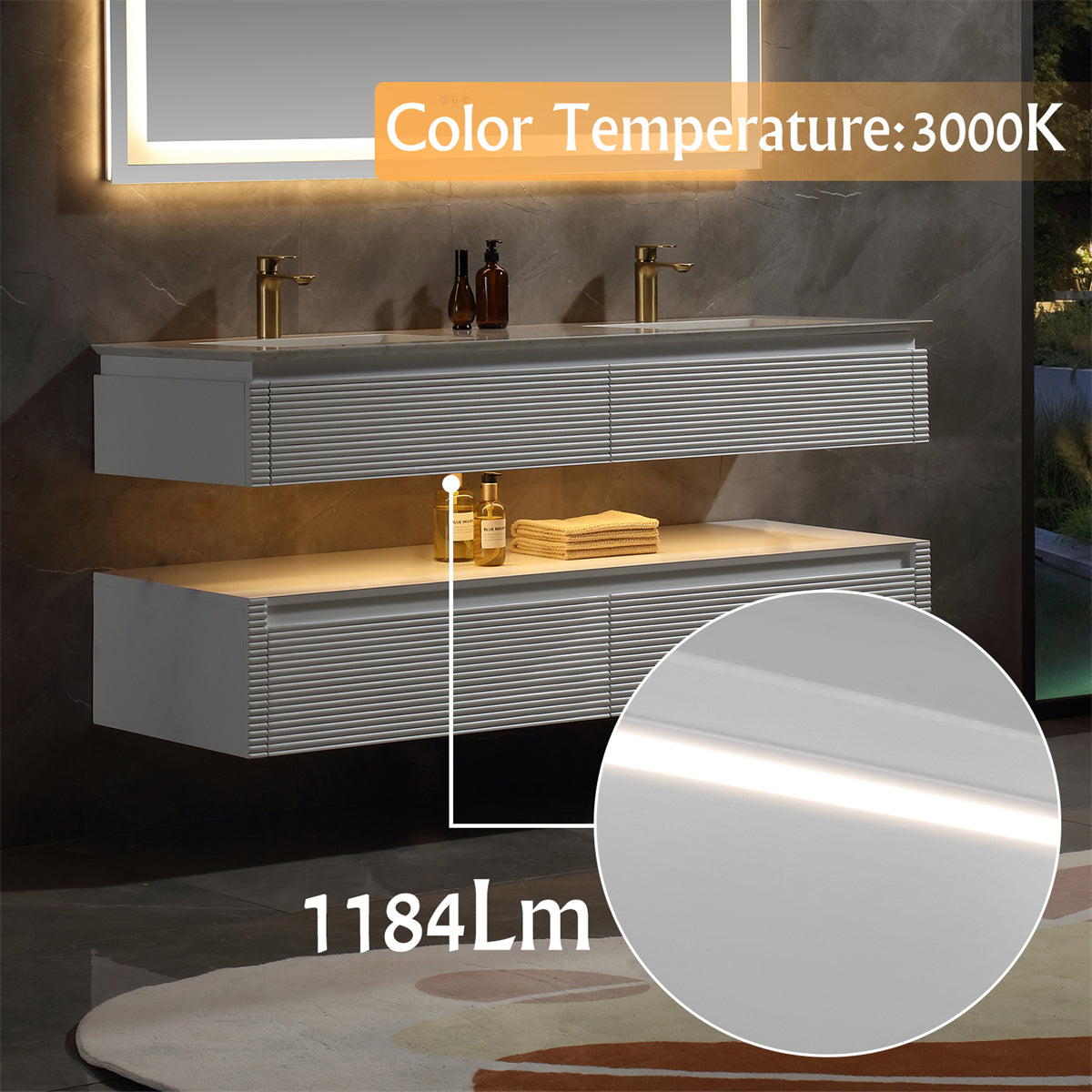 48" Floating Bathroom Vanity Set in White with Lights and White Marble Countertop with Double Basin