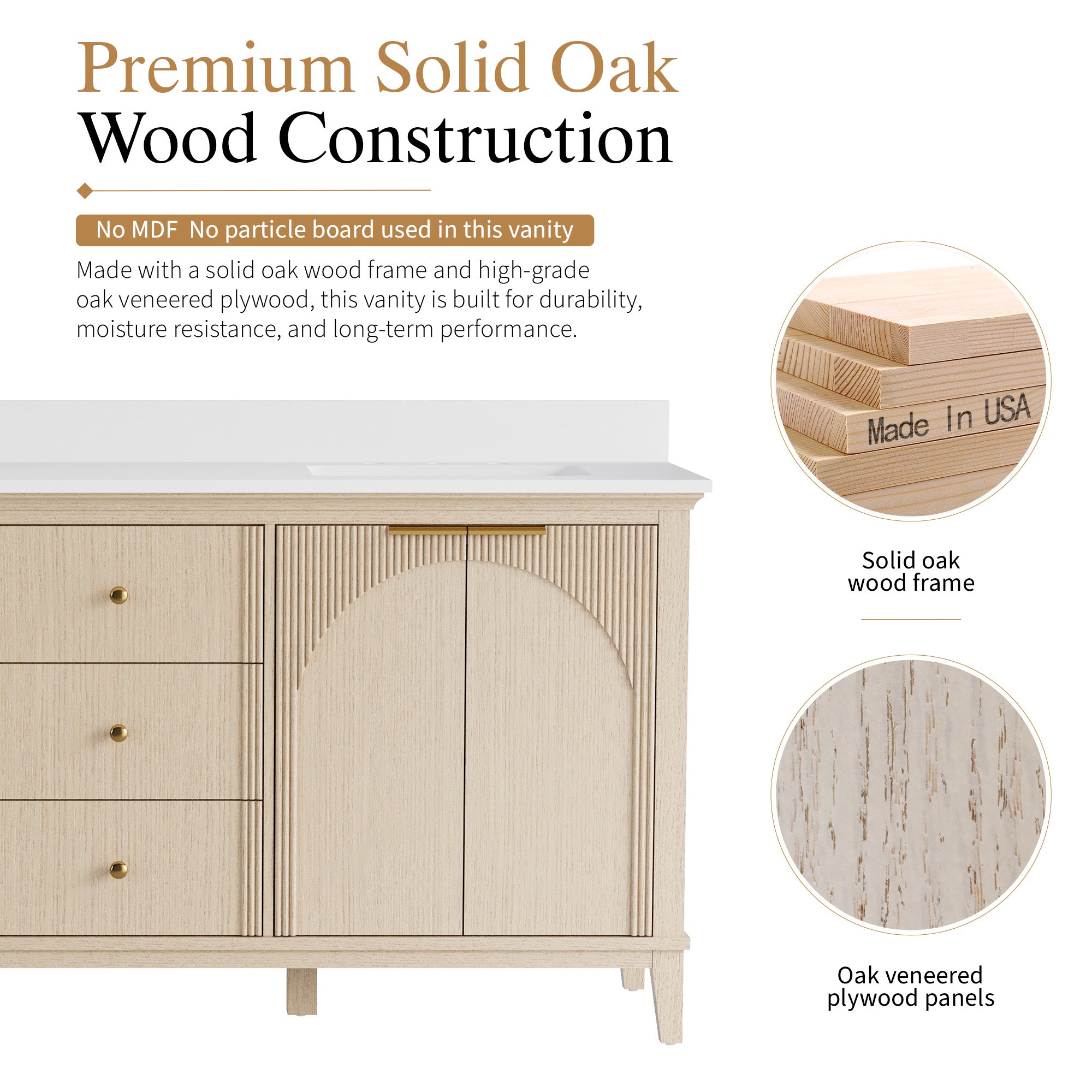 72 Inch Modern Light Oak Solid Wood Bathroom Vanity with White Quartz Countertop & 3 Soft-Close Drawers