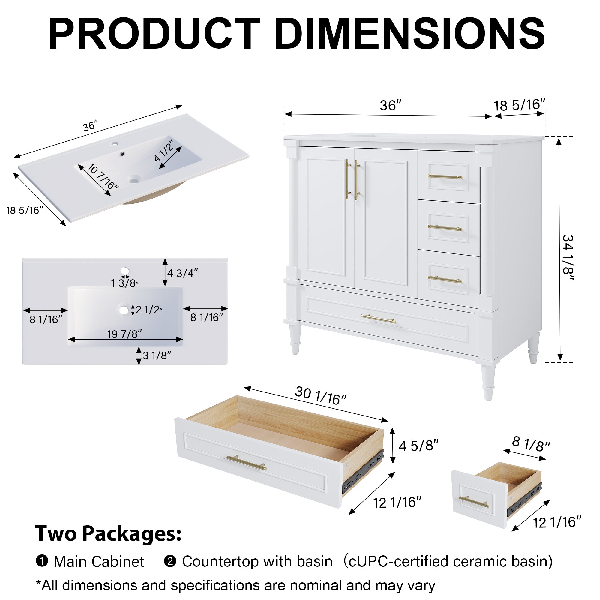 36 inch Bathroom Vanity with Single Sink, Solid Wooden Standing Bathroom Cabinet with Soft-Closing Doors