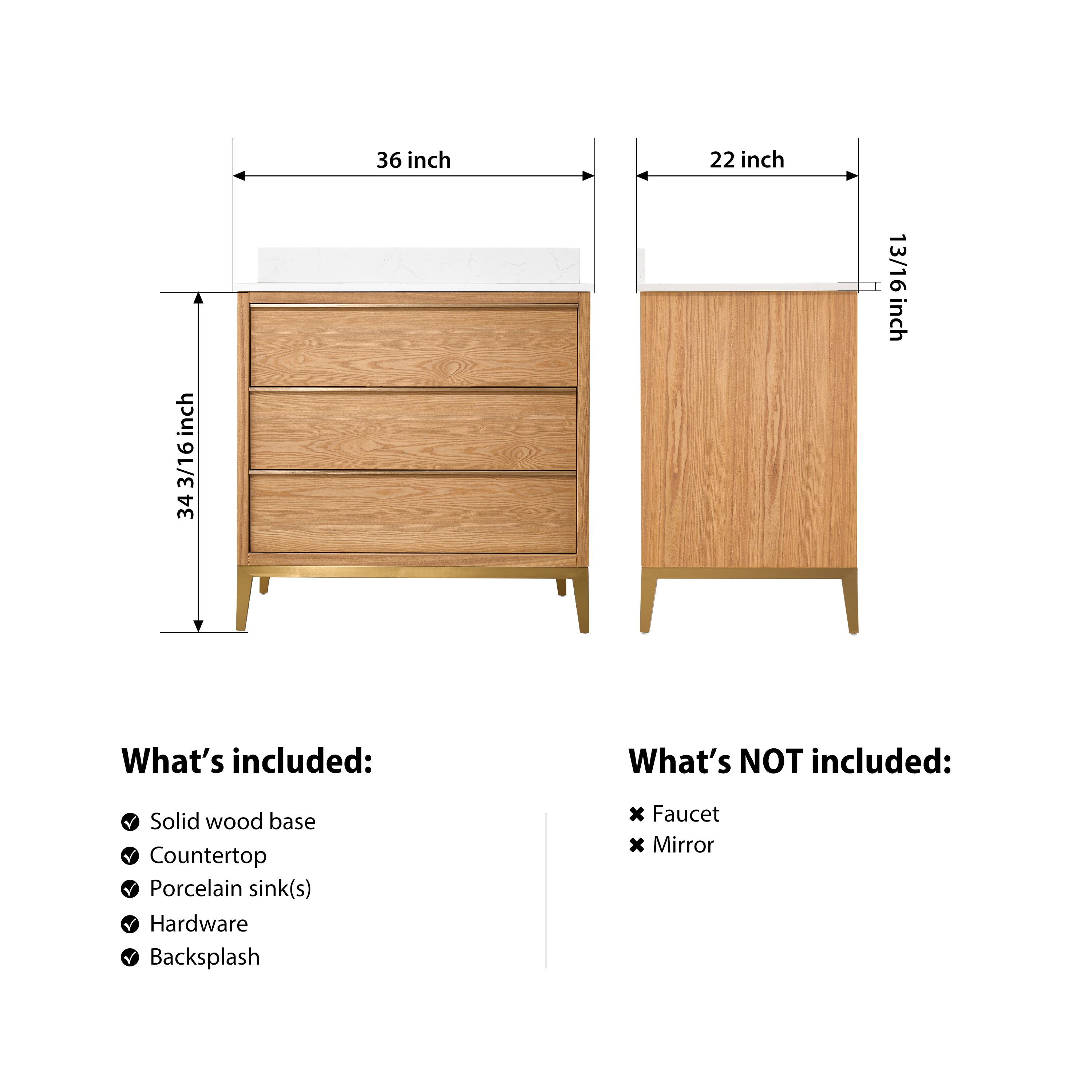 36 in. Bathroom Vanity in Light Oak with Carrara White Quartz Vanity Top