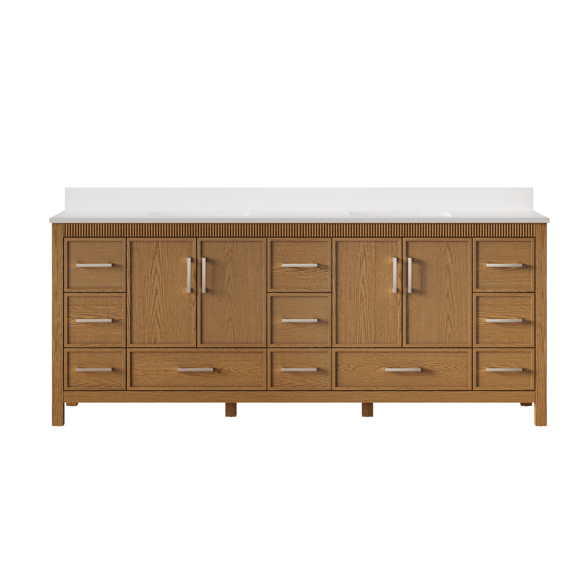 84 Inch Freestanding Solid Wood Bathroom Vanity with Pure White Quartz Countertop, 4 Soft-Close Doors & 11 Dovetail Drawers, Walnut
