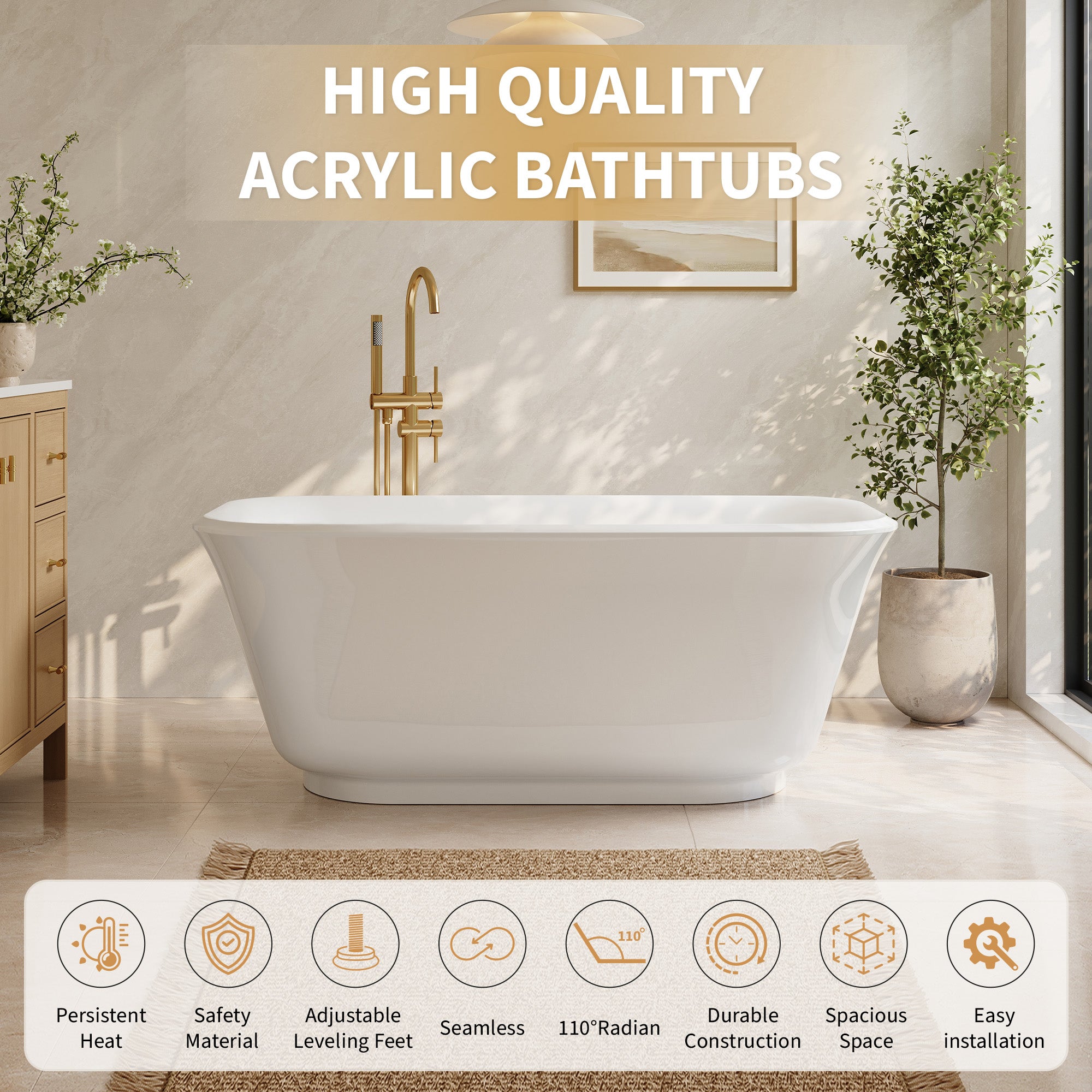59" Modern Freestanding Acrylic Soaking Bathtub – 64 Gallon Deep Soaker Tub with Integrated Overflow