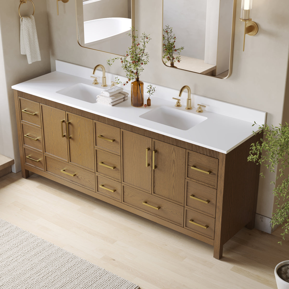 84 Inch Freestanding Solid Wood Bathroom Vanity with Pure White Quartz Countertop, 4 Soft-Close Doors & 11 Dovetail Drawers, Walnut