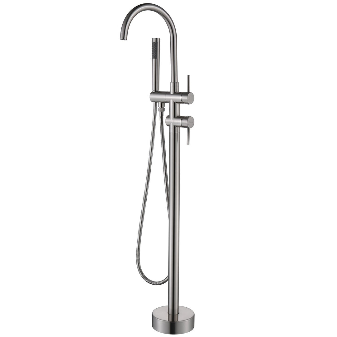 Free Standing Single-Handle Floor Mount Bathroom Tub Faucets with Handheld Shower in Brushed Nickel