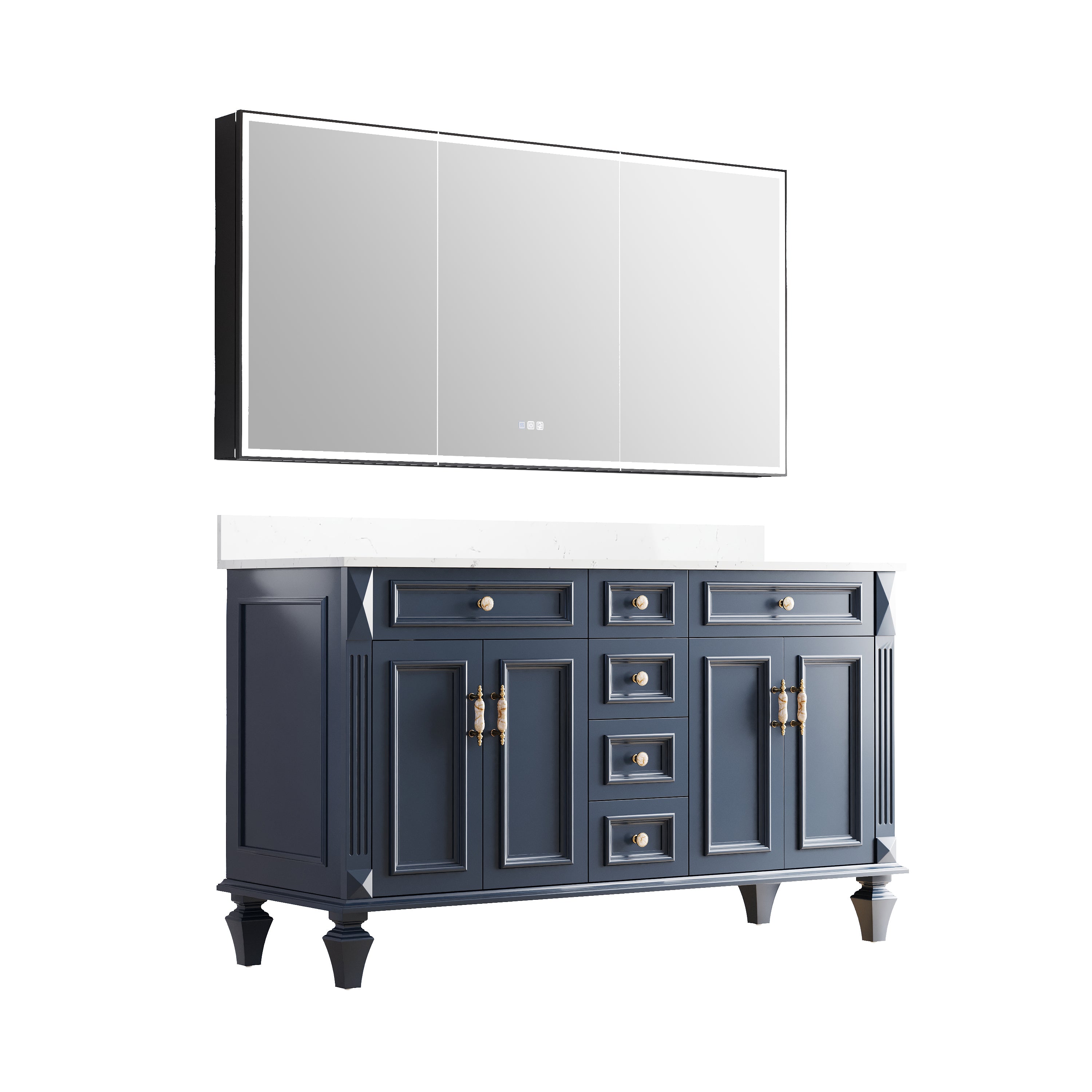 60" Navy Blue Solid Wood Bathroom Vanity & 60" LED Mirror Medicine Cabinet Combo
