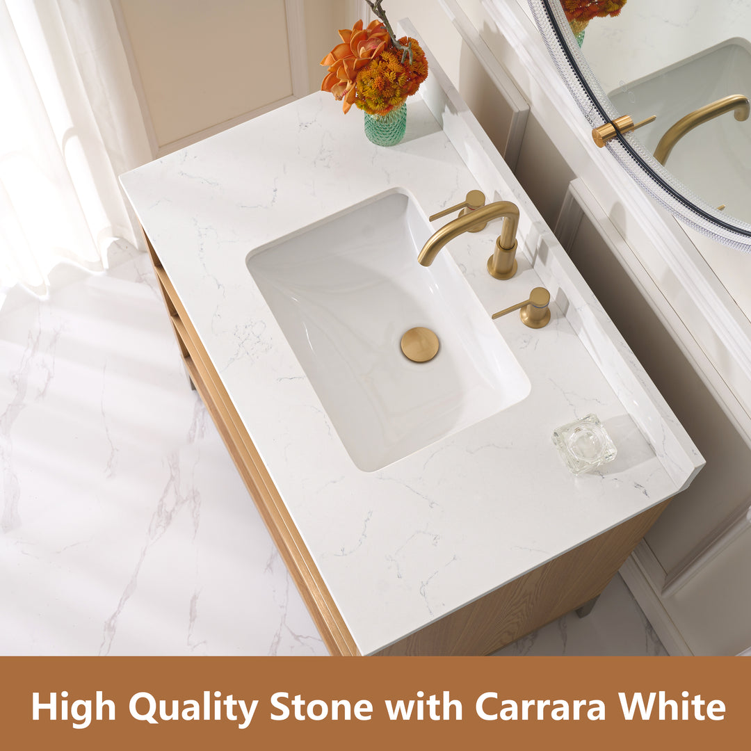 36 in. Bathroom Vanity in Light Oak with Carrara White Quartz Vanity Top