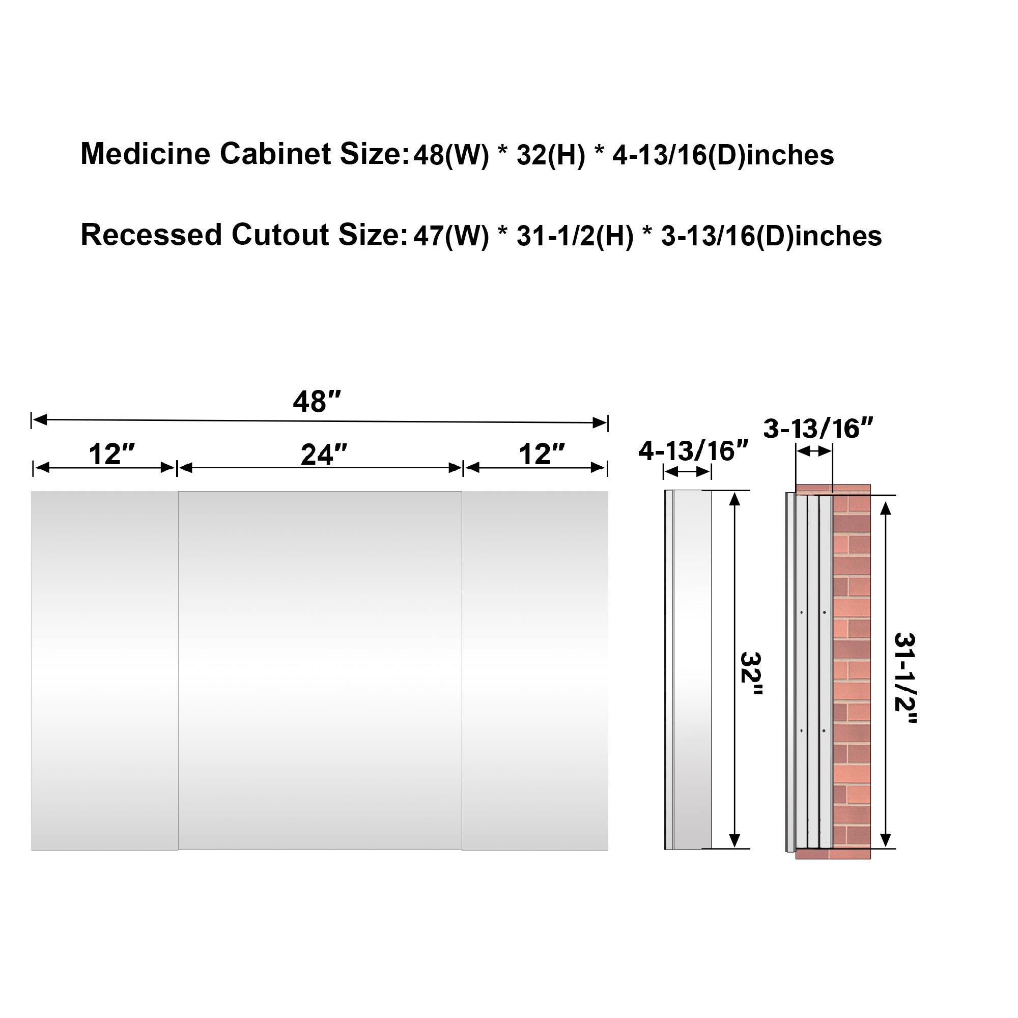 48 in.×32 in.H Copper-Free Mirror Medicine Cabinet with Soft-Close Blum® Hinges and 3 Doors