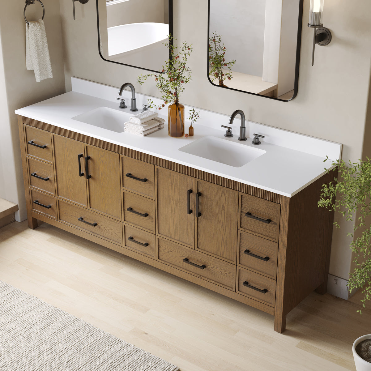 84 Inch Freestanding Solid Wood Bathroom Vanity with Pure White Quartz Countertop, 4 Soft-Close Doors & 11 Dovetail Drawers, Walnut