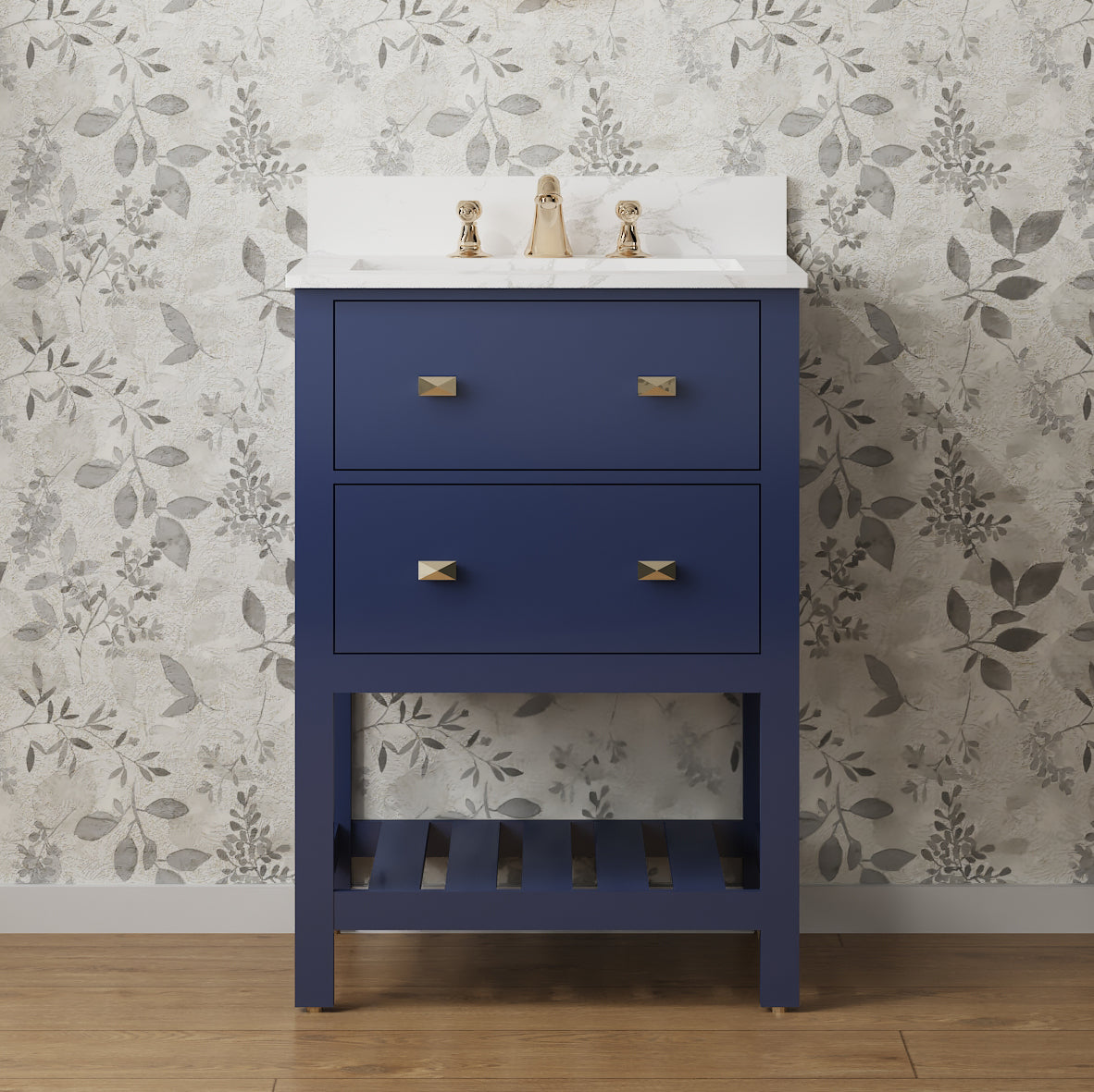 24" Undermount Single Sink Freestanding Bathroom Vanity with White Top in Navy Blue