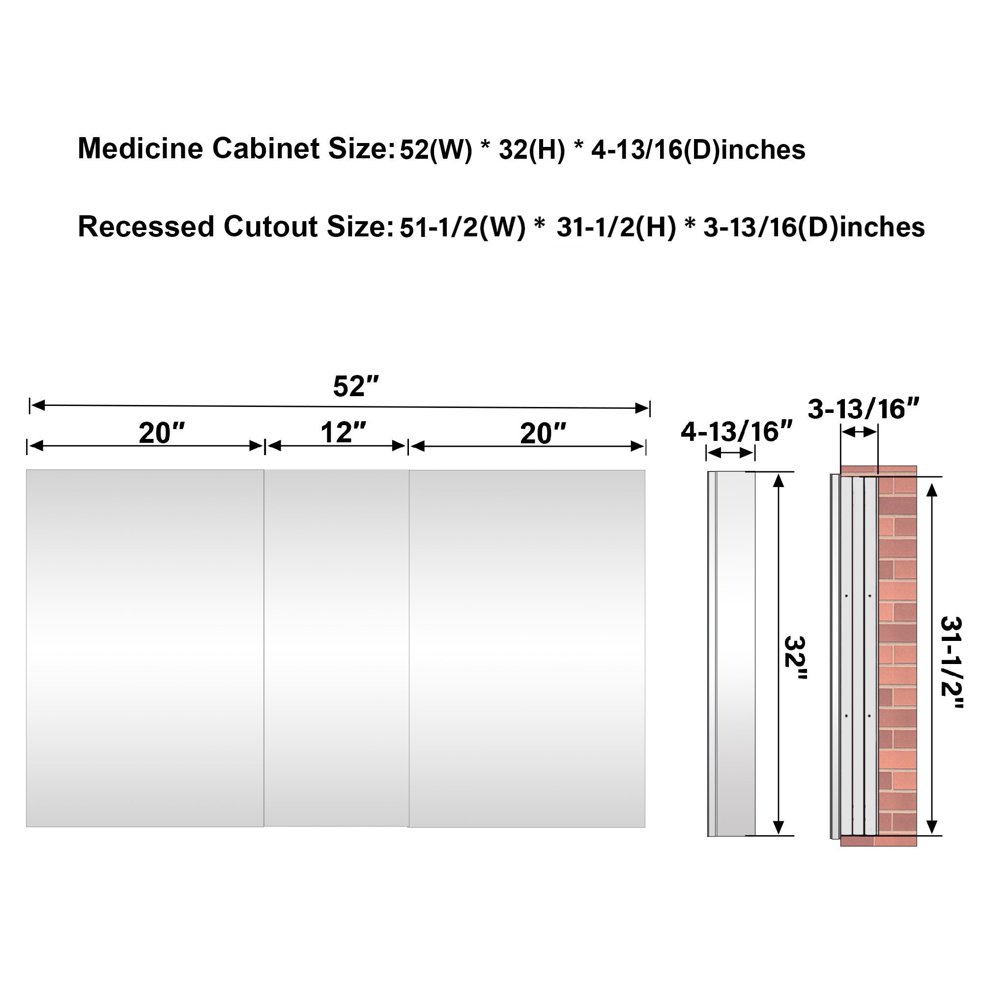 52 in.×32 in.H Copper-Free Mirror Medicine Cabinet with Soft-Close Blum® Hinges and 3 Doors